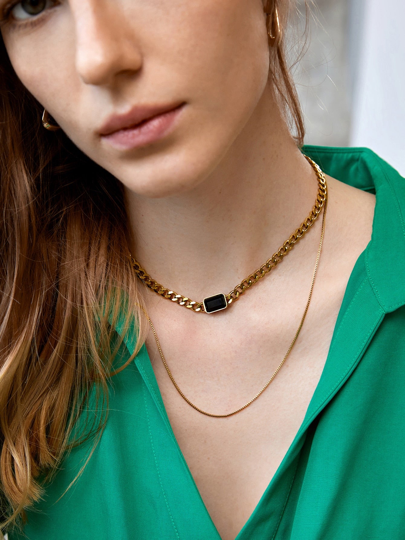 CM-AXS111050 Women Trendy Seoul Style Premium Gemstone Decor Necklace - Yellow Gold