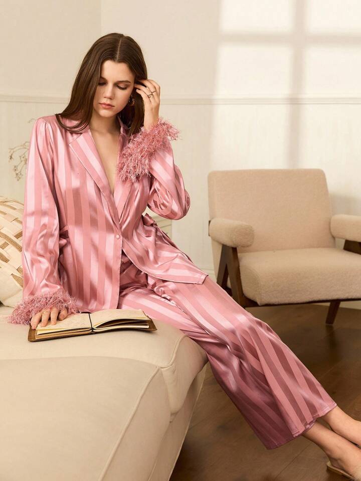 CM-LS269641 Women Trendy Seoul Style Deep V-Neck Jacquard Striped Knit Cuff Pajamas Set - Baby Pink