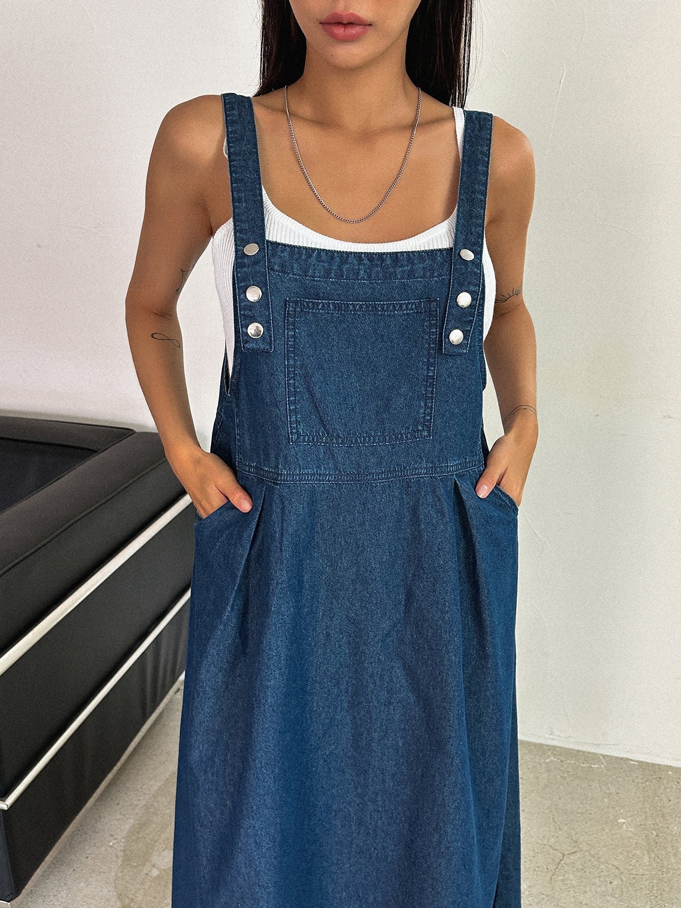 CM-DS142731 Women Casual Seoul Style Dark Wash Slant Pocket High Waist Overall Dress