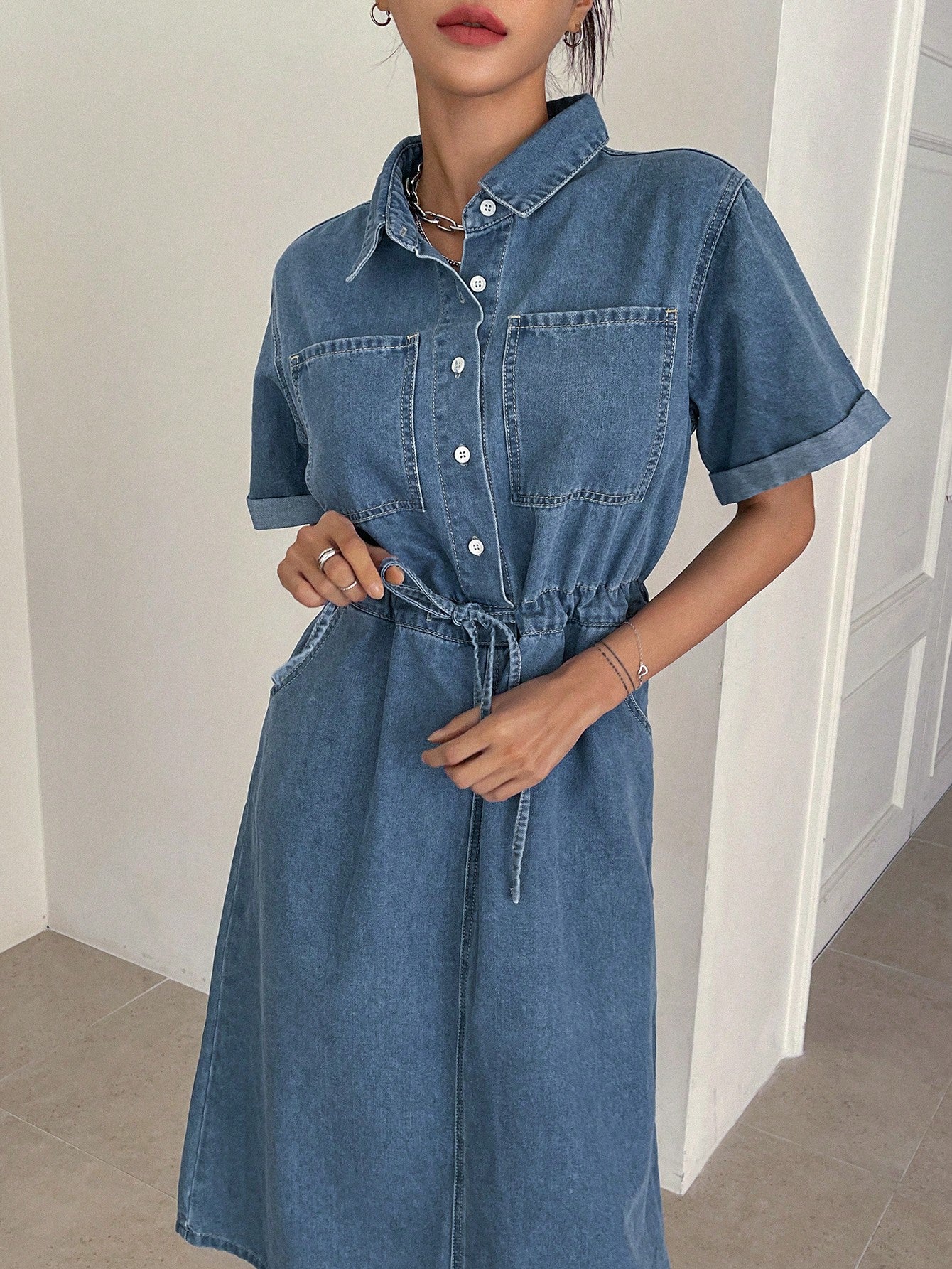 CM-DS500188 Women Casual Seoul Style Drawstring Waist Half Button Split Back Denim Dress