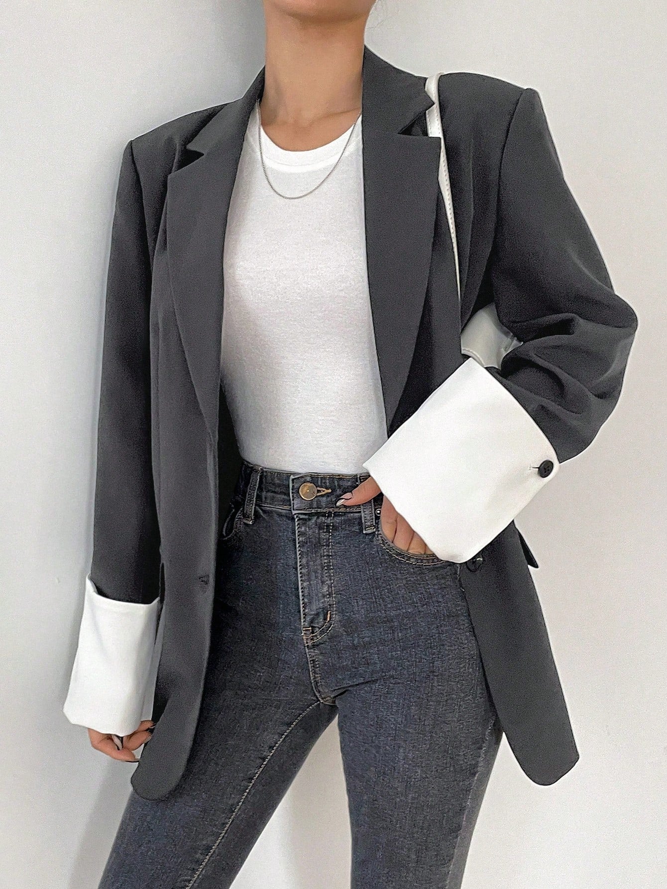 CM-CS570576 Women Casual Seoul Style Lapel Neckline Button Front Long Sleeve Blazer - Gray