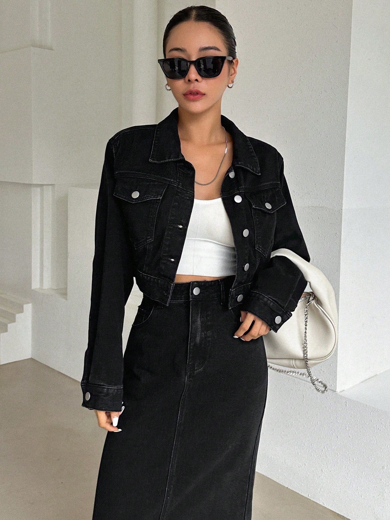 CM-SS376150 Women Casual Seoul Style Flap Pocket Drop Shoulder Denim Jacket With Split Back Skirt - Set