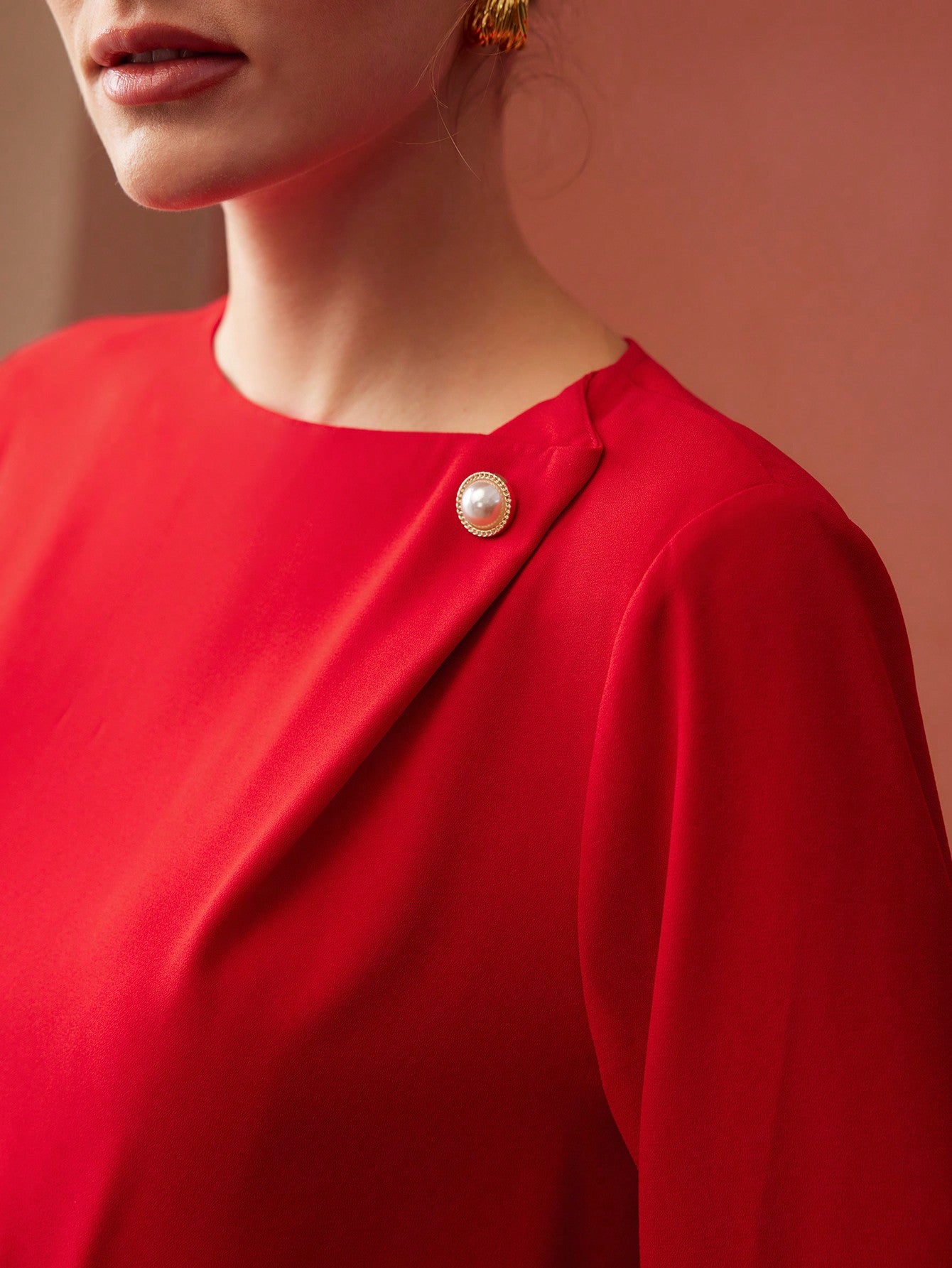 CM-TS354828 Women Elegant Seoul Style Boat Neck Long Sleeve Pearl Button Blouse - Red