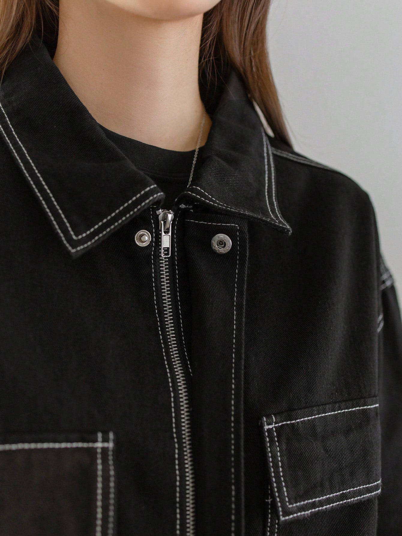 CM-CS956246 Women Casual Seoul Style Turn-Down Collar Long Sleeve Oversized Denim Jacket - Black