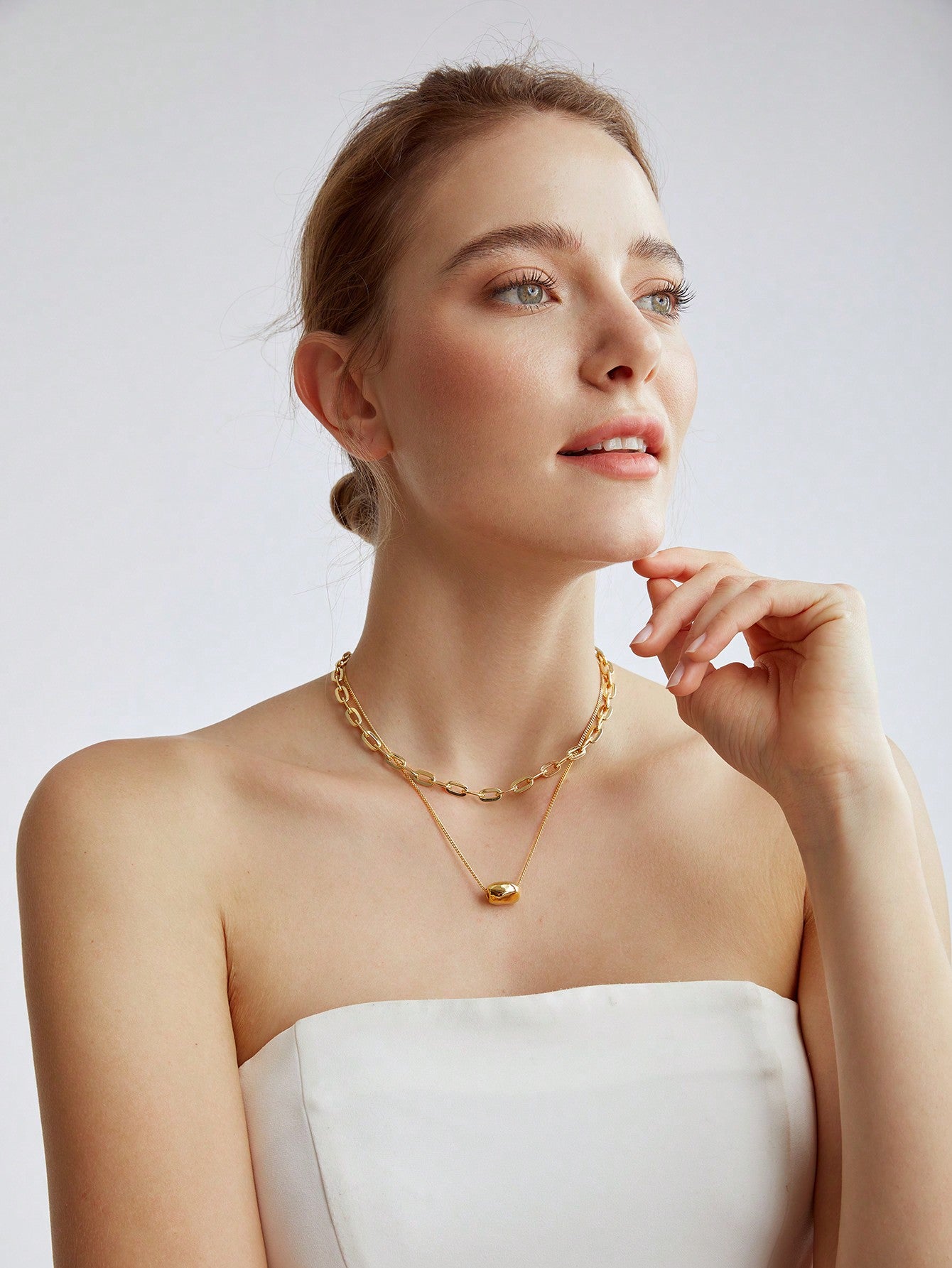 CM-AXS274295 Women Trendy Seoul Style Gold Plated Double Layered Pendant Chain Necklace