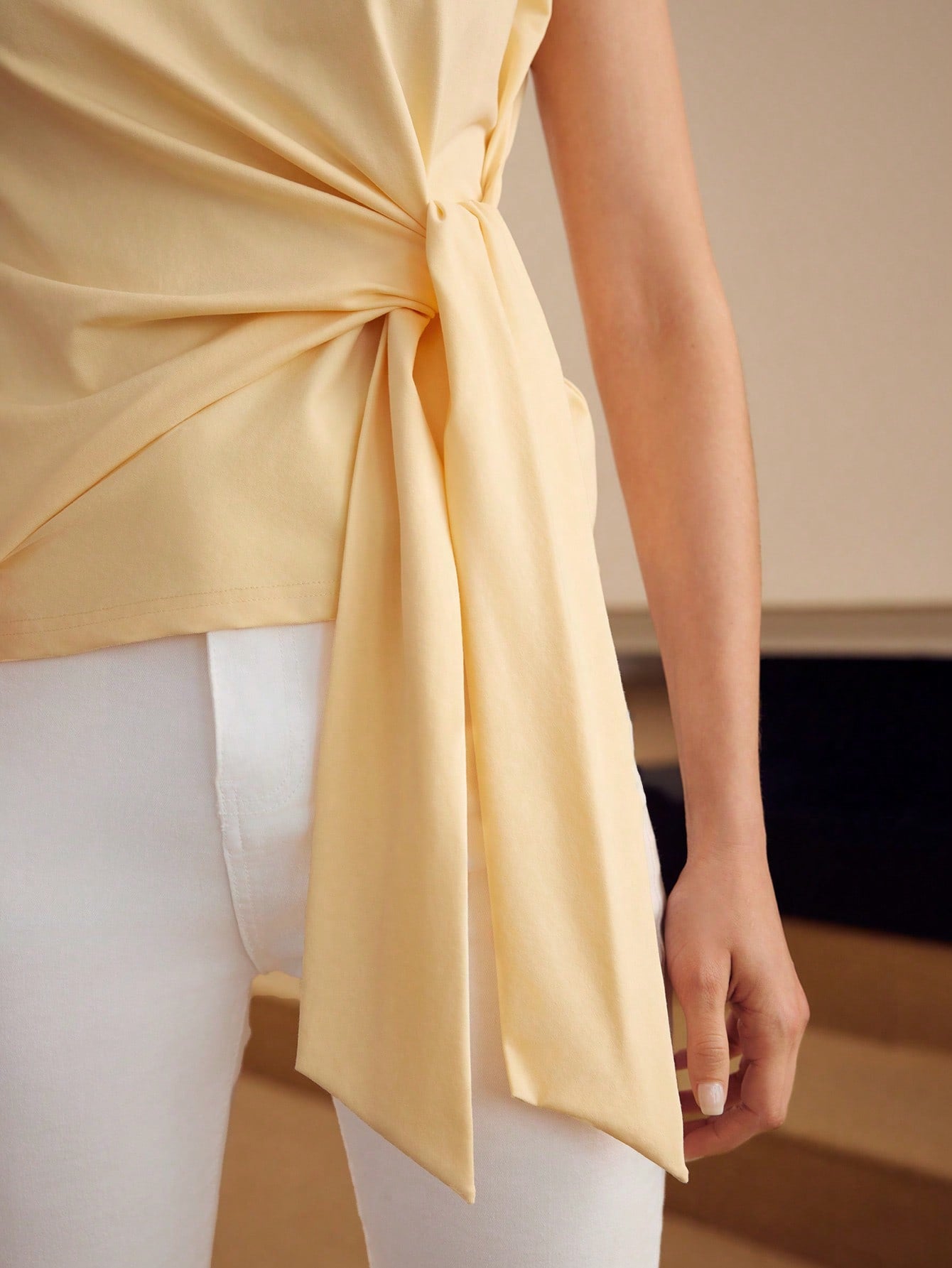 CM-TS625504 Women Casual Seoul Style Round Neck Batwing Sleeve Knot Front Tee - Yellow