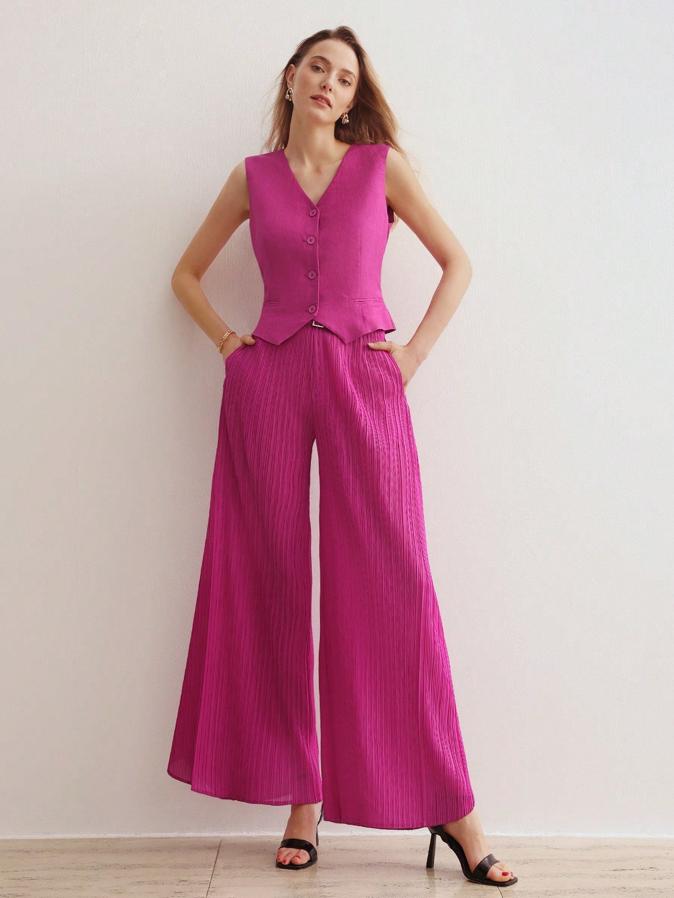 CM-BS006916 Women Elegant Seoul Style Solid Color High Waisted Plisse Wide Leg Pants - Purple