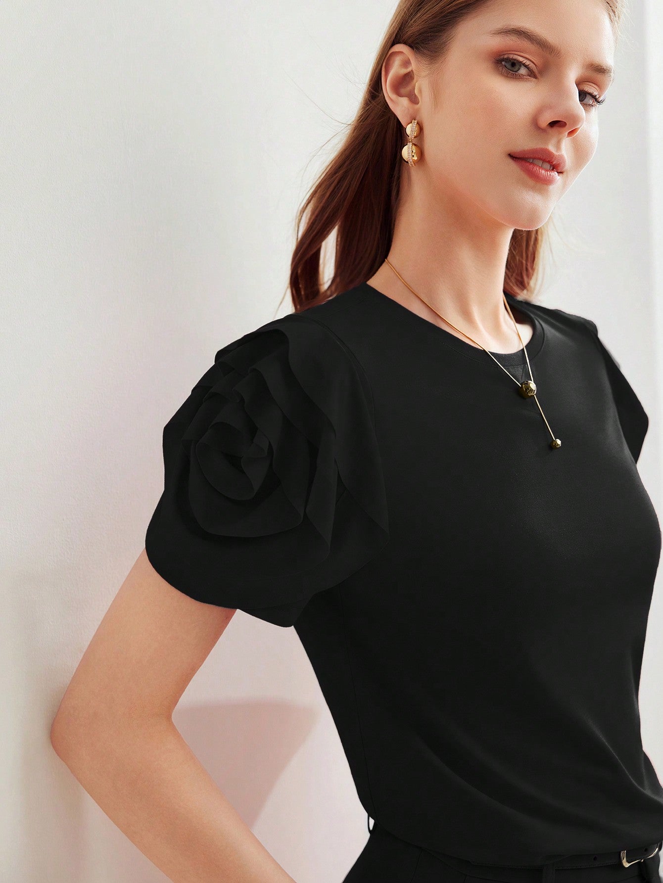 CM-TS777045 Women Casual Seoul Style Round Neck Puff Sleeve Knit Ruffle Trim T-Shirt - Black