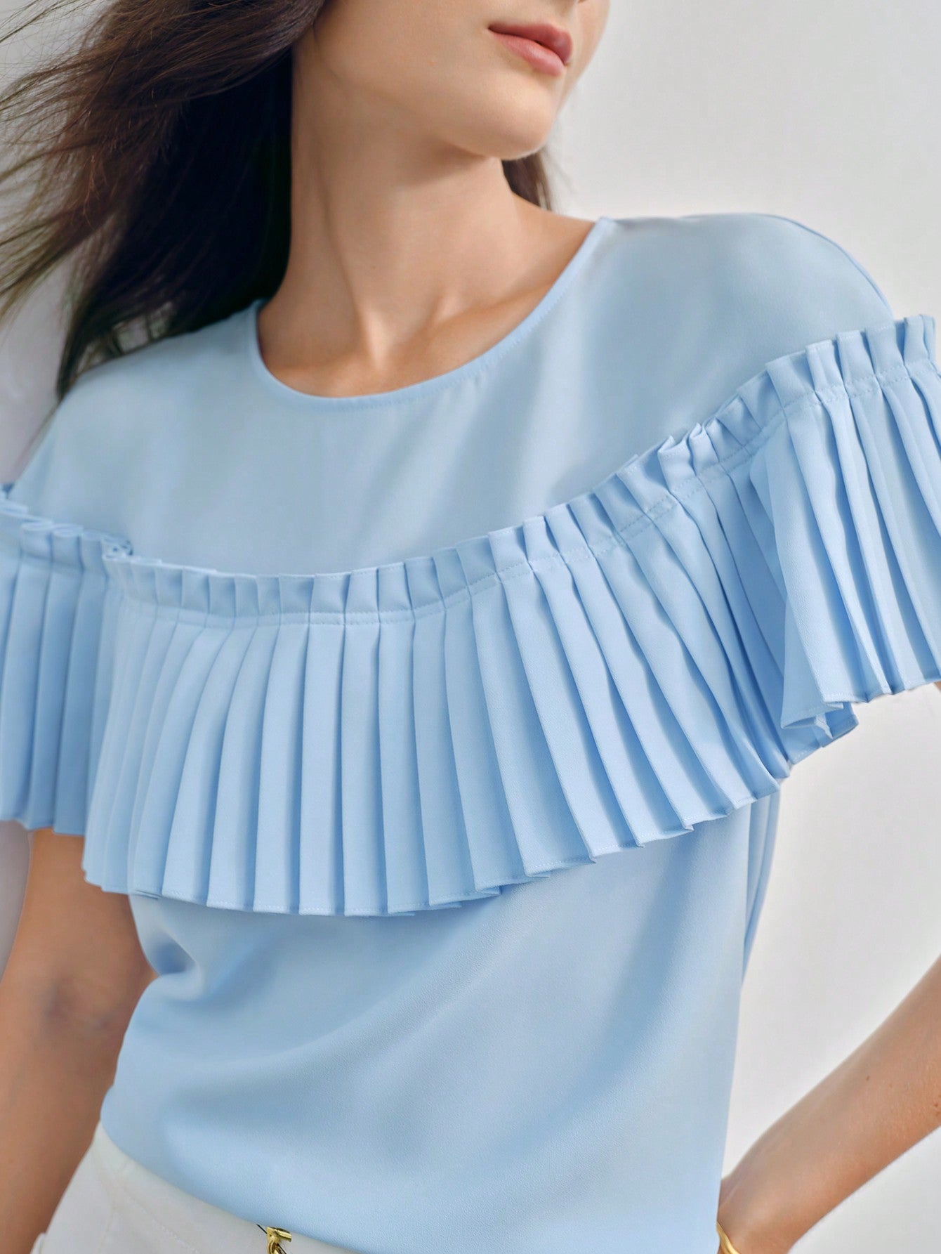CM-TS943373 Women Elegant Seoul Style Round Neck Short Sleeve Pleated Ruffle Trim Blouse - Blue