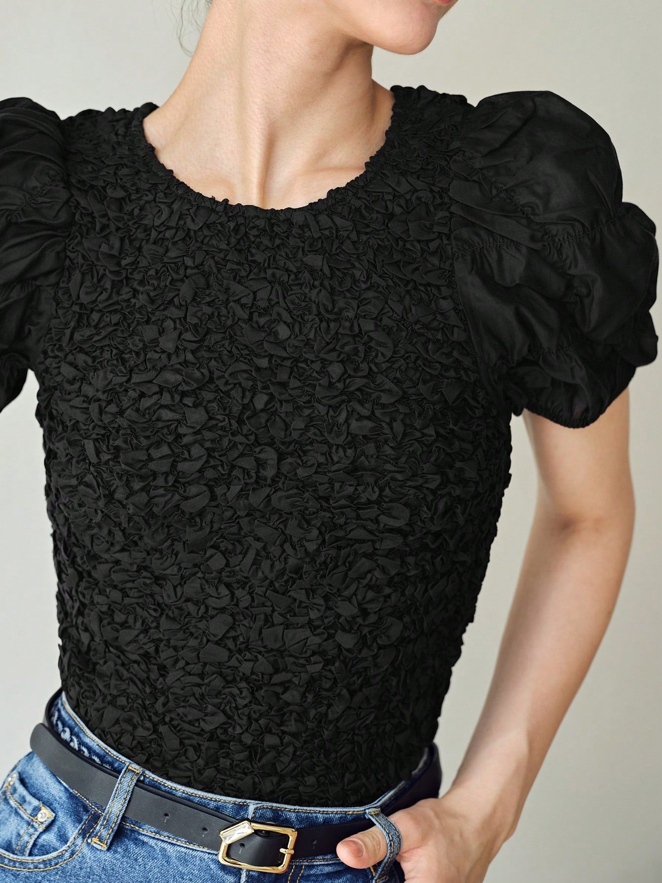 CM-TS471057 Women Casual Seoul Style Round Neck Puff Sleeve Textured Blouse - Black