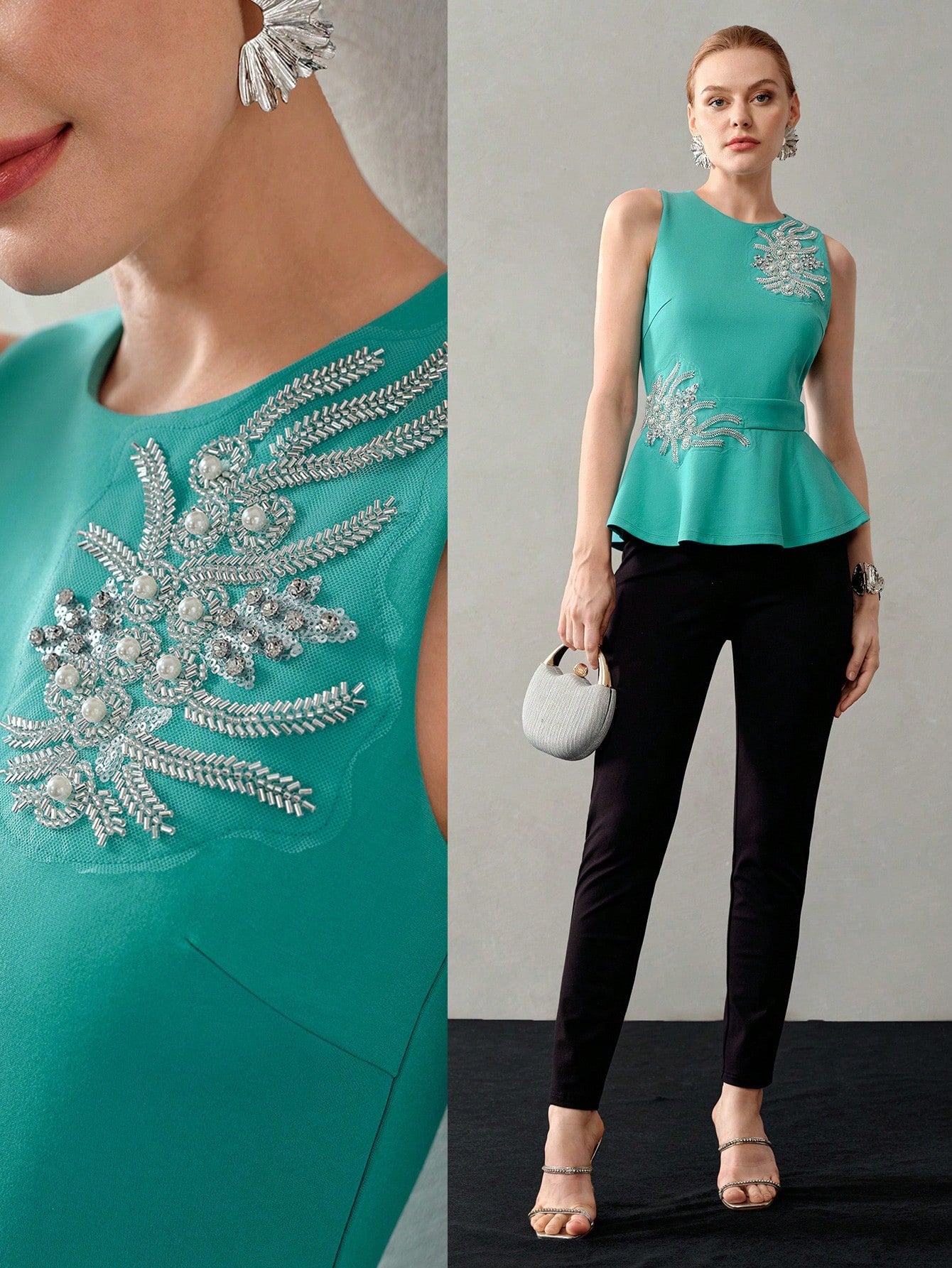 CM-TS017901 Women Elegant Seoul Style Faux Pearl Beaded Detail Ruffle Hem Tank Top - Green