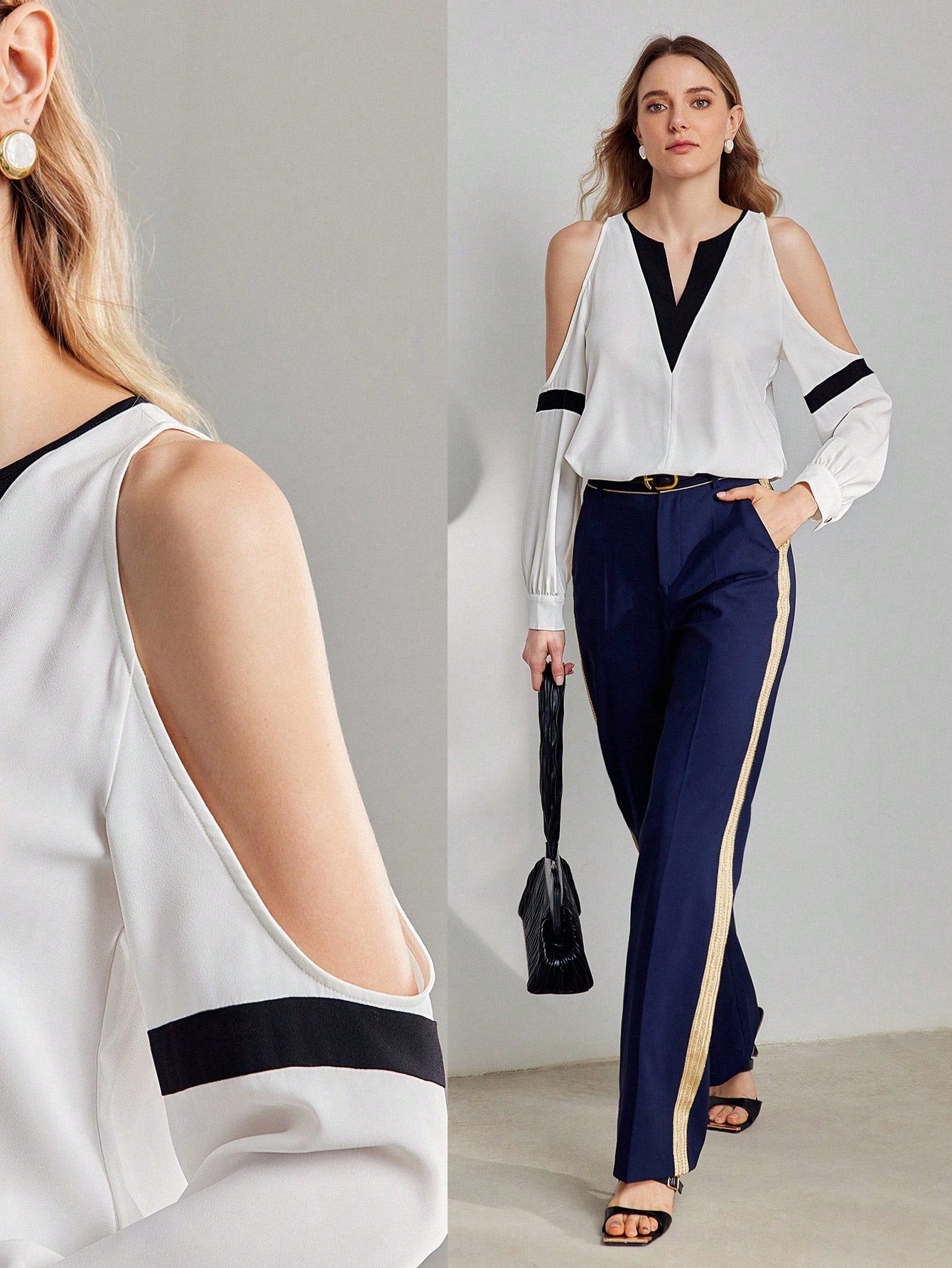 CM-TS993011 Women Elegant Seoul Style Two Tone Notch Neckline Cold Shoulder Blouse