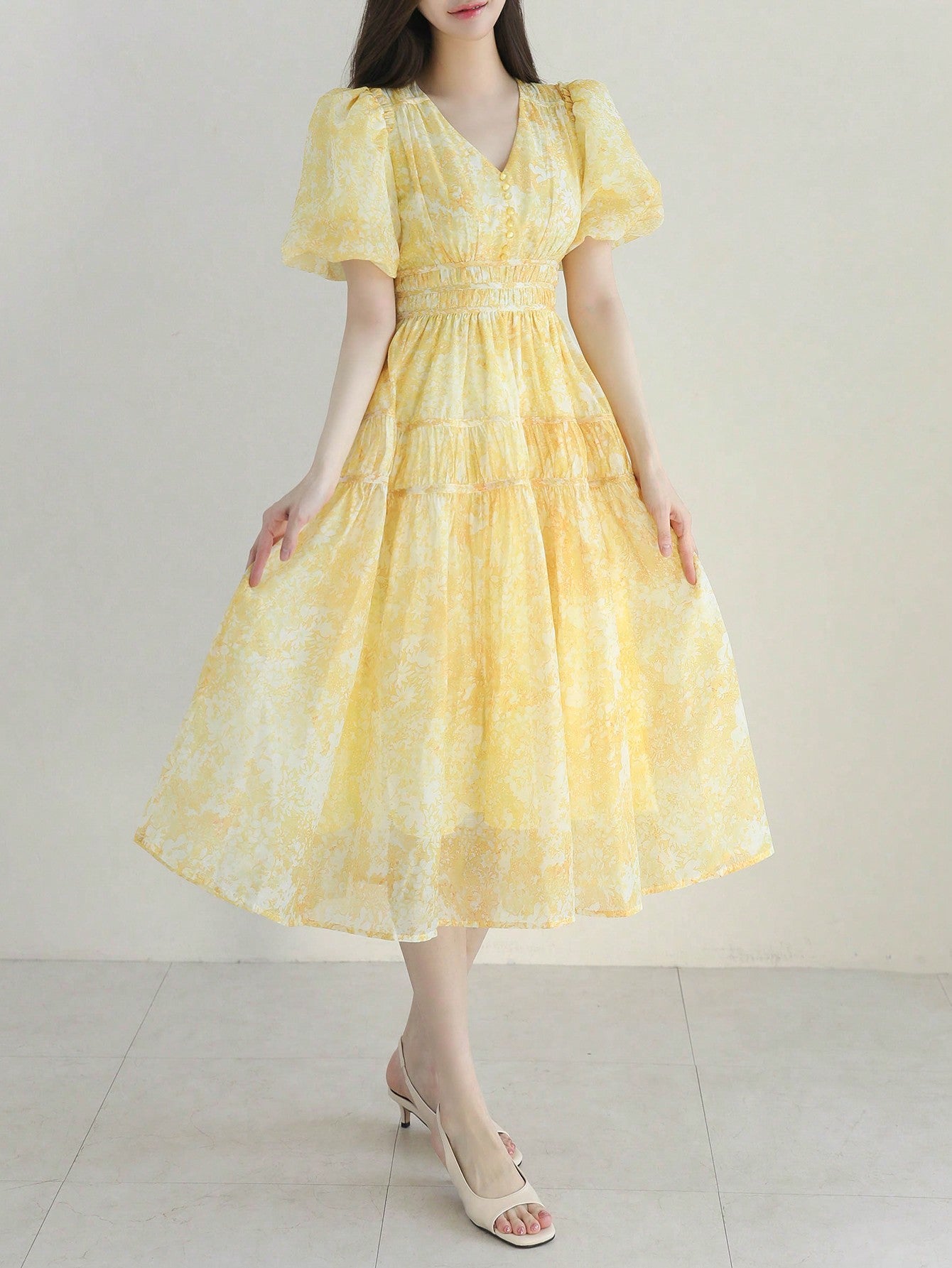 CM-DS663682 Women Elegant Seoul Style Allover Print Puff Sleeve Ruffle Hem Dress - Yellow