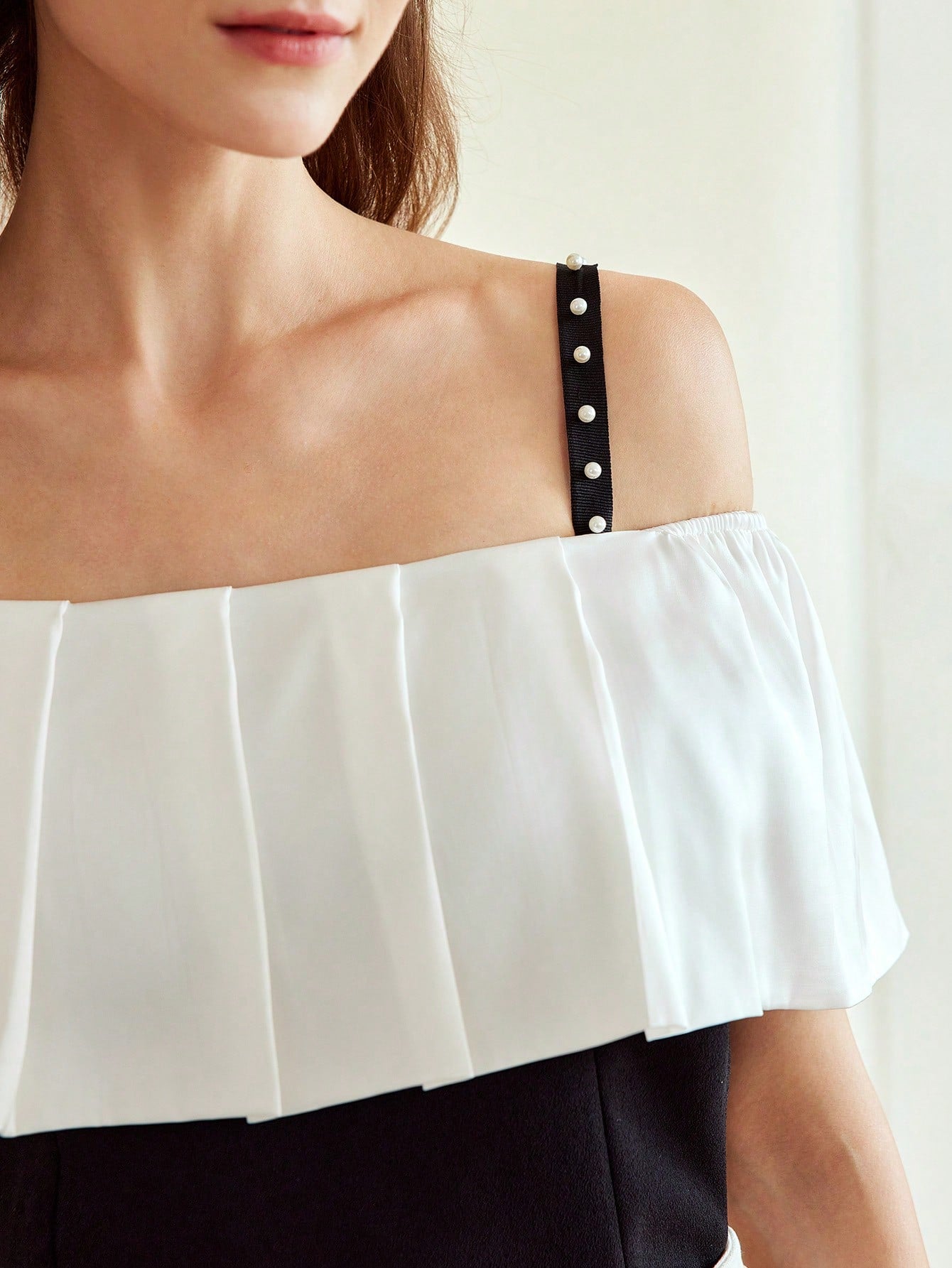 CM-TS123825 Women Elegant Seoul Style Two Tone Cold Shoulder Ruffle Trim Faux Pearl Blouse