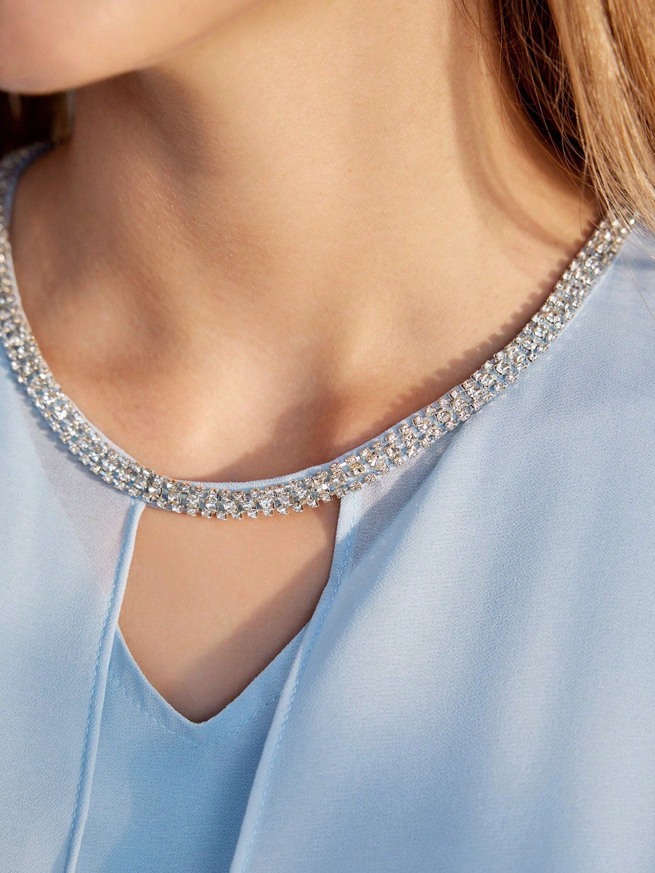 CM-TS606588 Women Elegant Seoul Style Rhinestone Detail Keyhole Neckline Peplum Top - Baby Blue