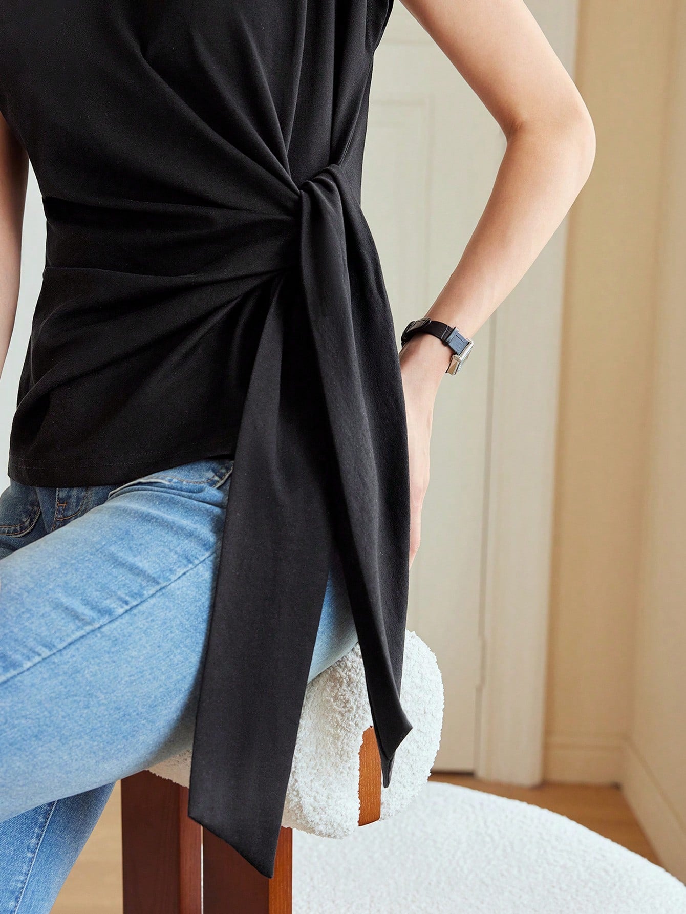 CM-TS603309 Women Casual Seoul Style Round Neck Batwing Sleeve Knot Front Tee - Black