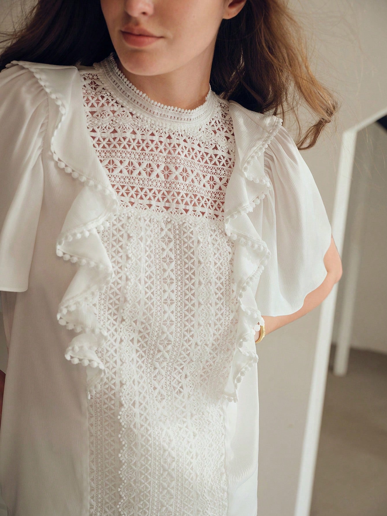 CM-TS166068 Women Elegant Seoul Style Ruffle Trim Contrast Guipure Lace Blouse - White