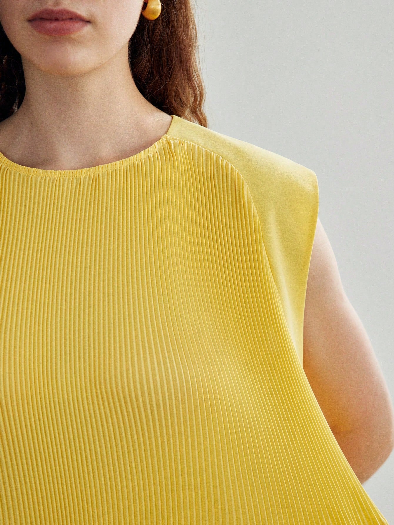 CM-TS997898 Women Casual Seoul Style Round Neck Pleated Cap Sleeve Blouse - Yellow