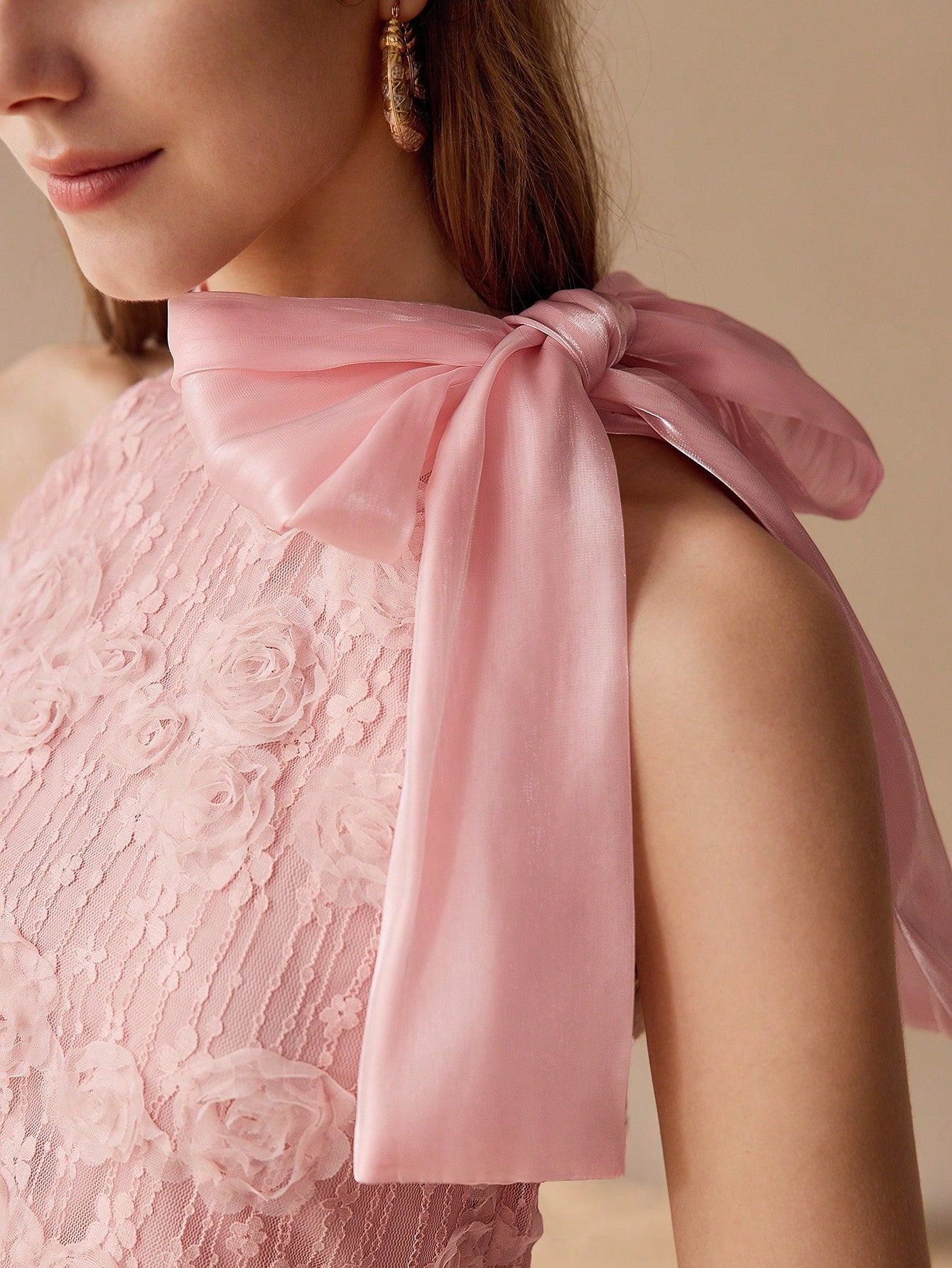 CM-TS340044 Women Elegant Seoul Style Floral Appliqued Halter Tie Neck Sleeveless Tank Top - Pink