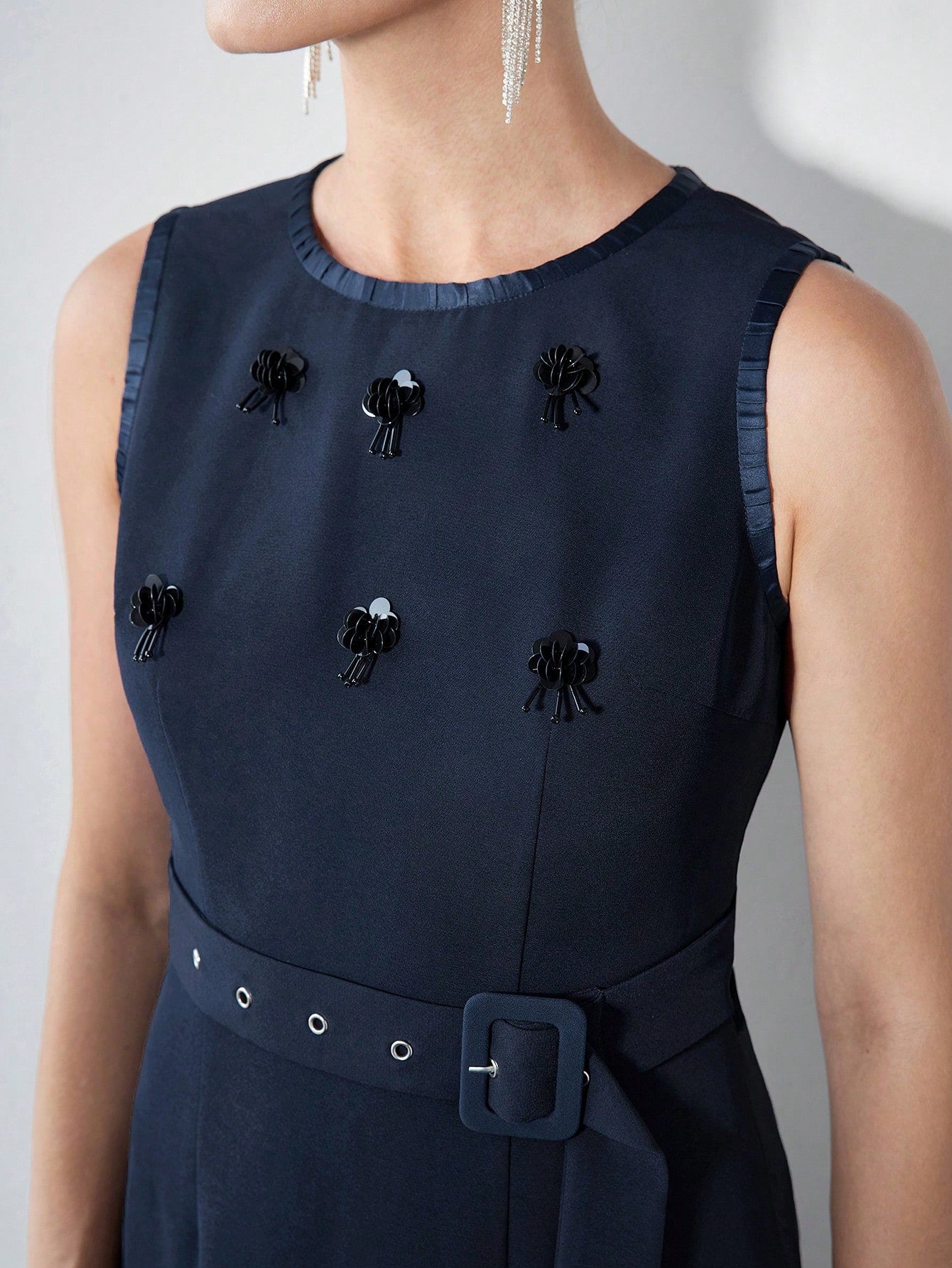 CM-DS735959 Women Elegant Seoul Style Contrast Sequin Detail Cutout Waist Split Back Buckle Belted Dress