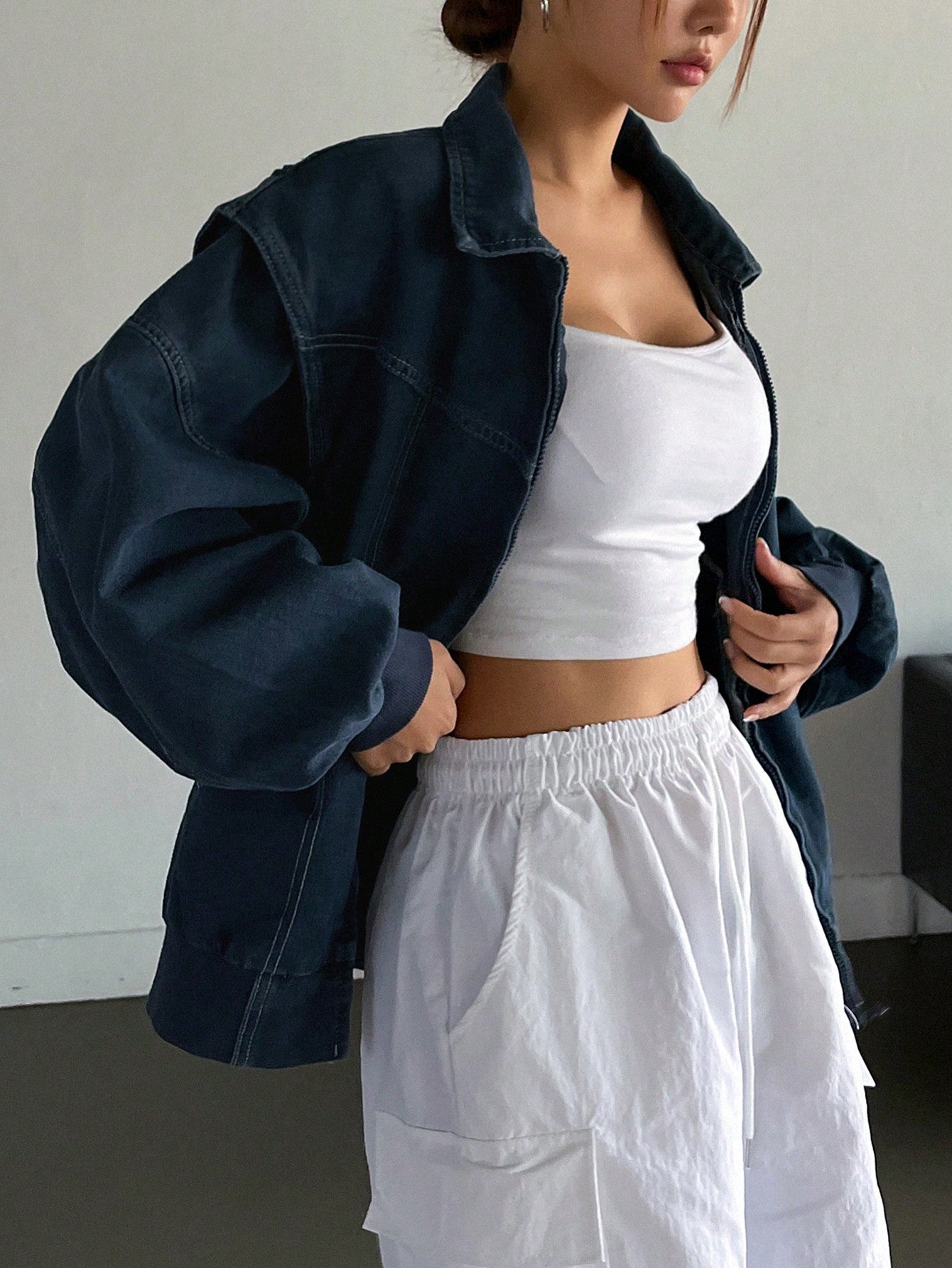 CM-CS077266 Women Casual Seoul Style Collar Neckline Loose Fit Dropped Shoulder Long Sleeve Denim Jacket - Blue