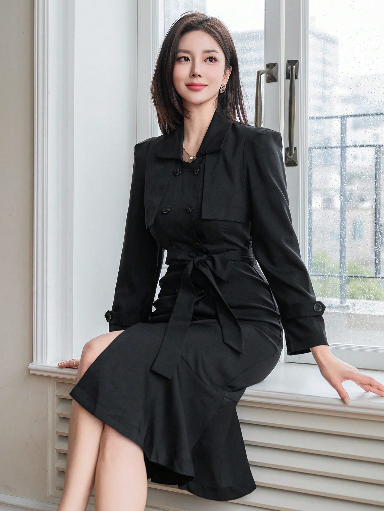 CM-DS555634 Women Elegant Seoul Style Long Sleeve Waist Tie Windbreaker Dress - Black