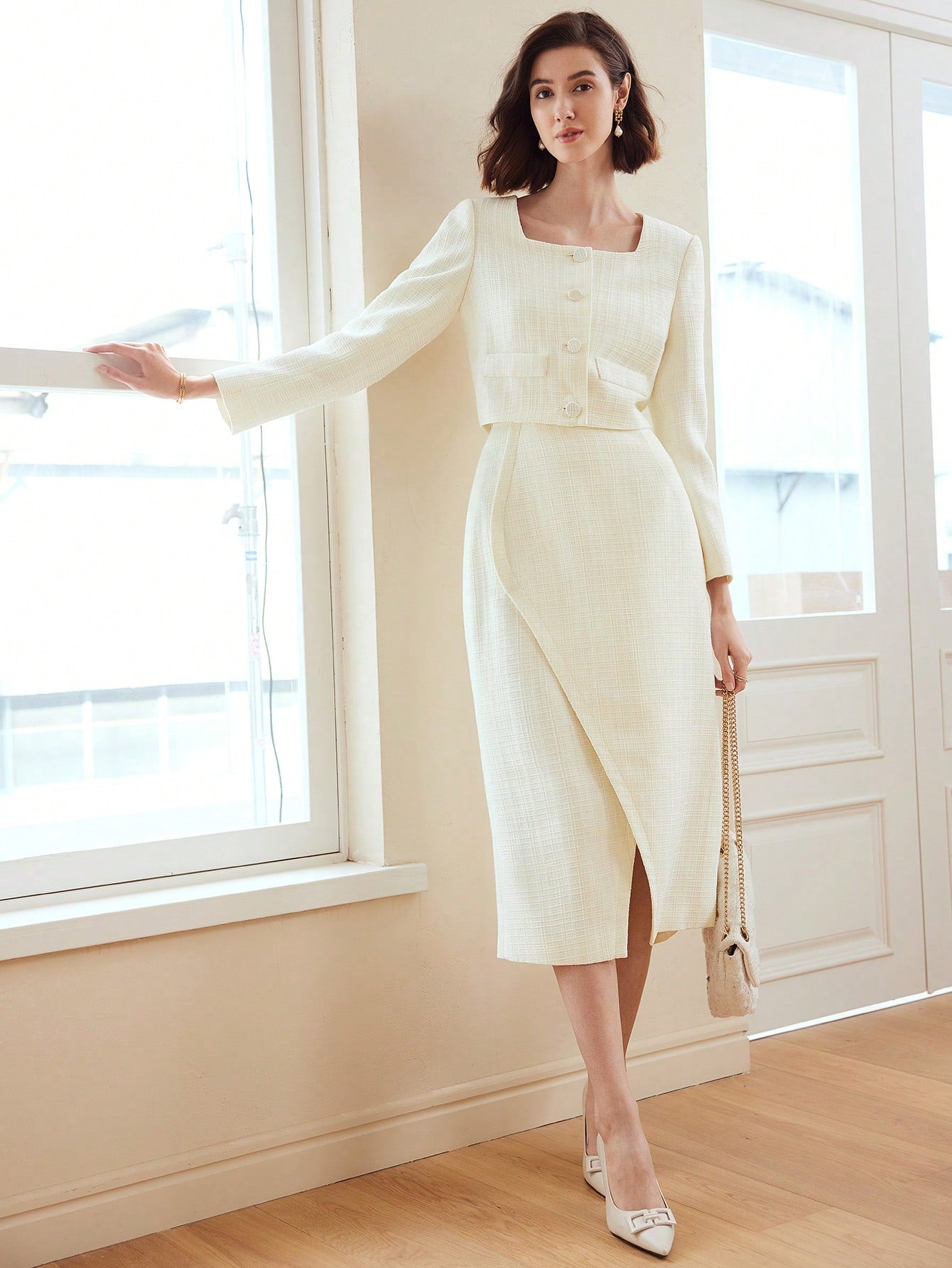 CM-BS902510 Women Elegant Seoul Style Solid Color Wrap Midi Skirt - Apricot