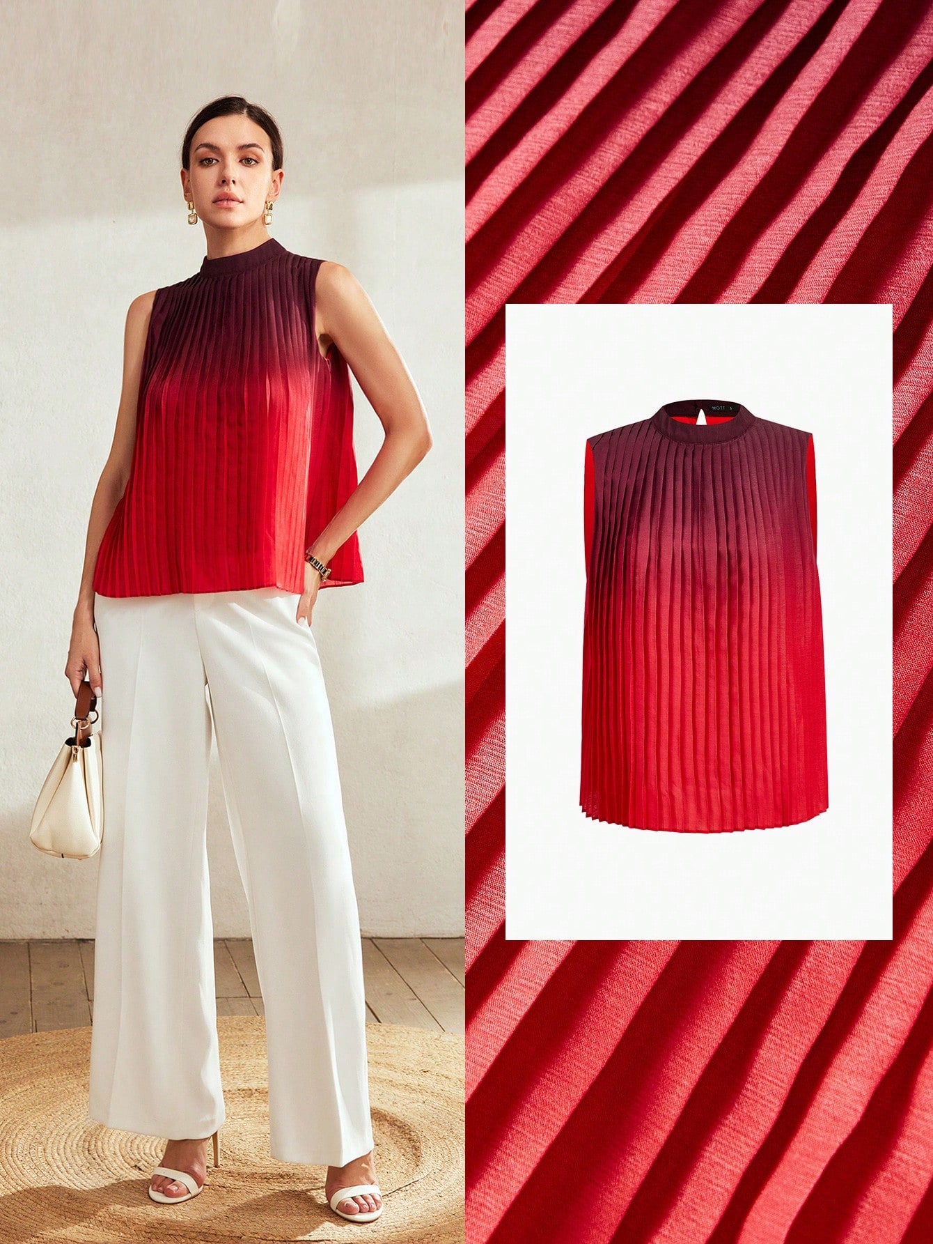 CM-TS402487 Women Elegant Seoul Style Ombre Print Mock Neck Pleated Sleeveless Blouse