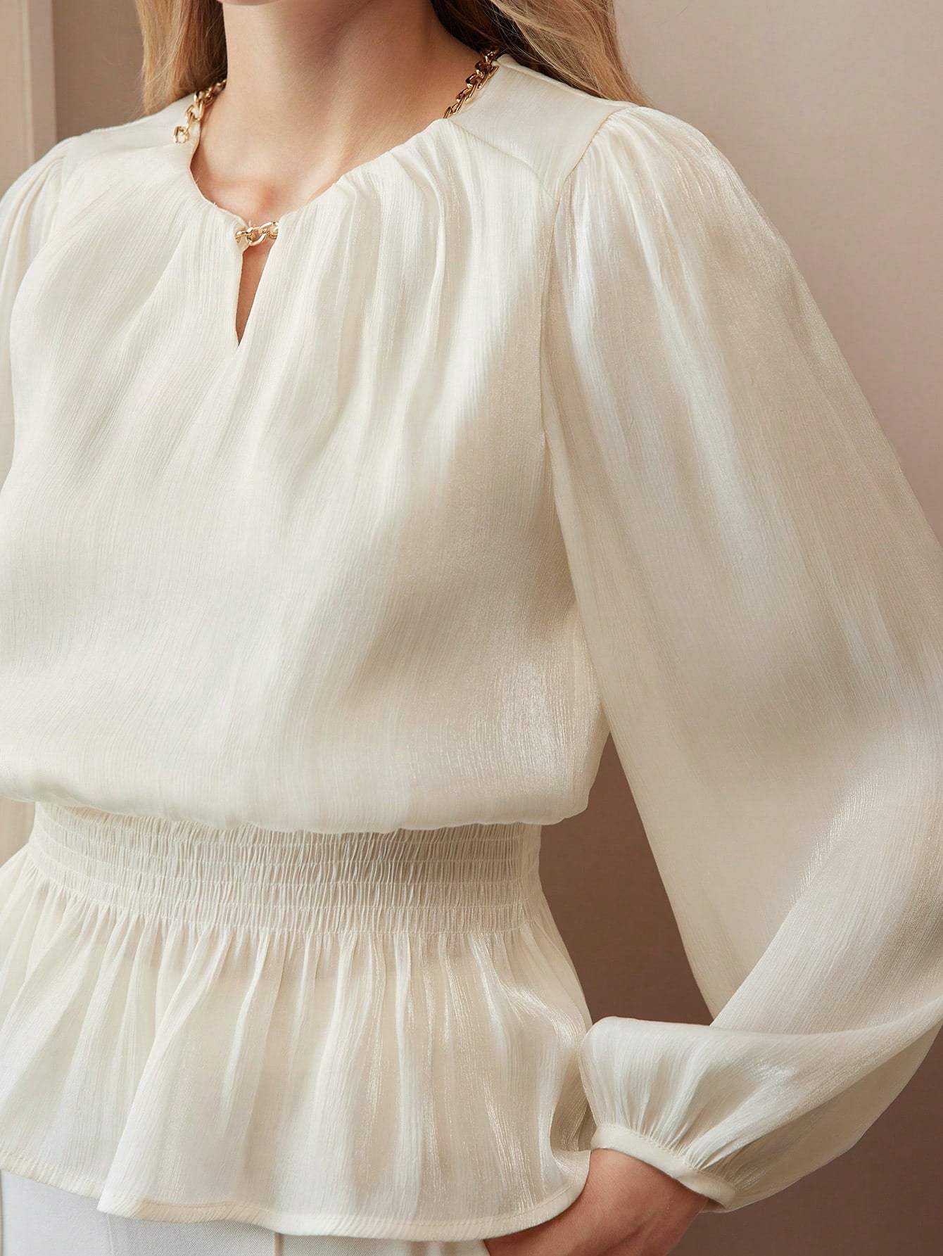 CM-TS555551 Women Elegant Seoul Style Chain Keyhole Neck Lantern Sleeve Peplum Blouse - Apricot