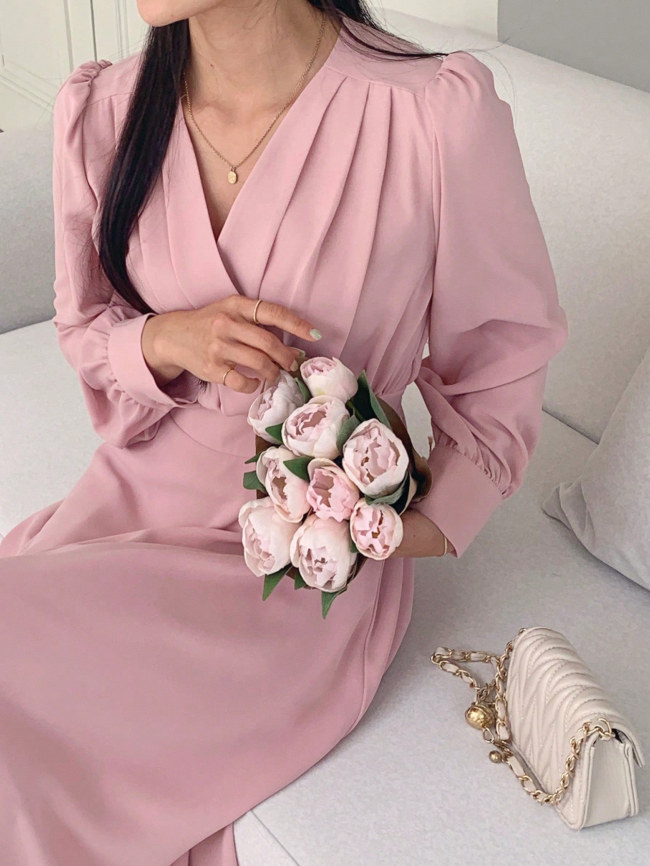 CM-DS656322 Women Elegant Seoul Style V-Neck Waist Pleated Long Dress - Dusty Pink