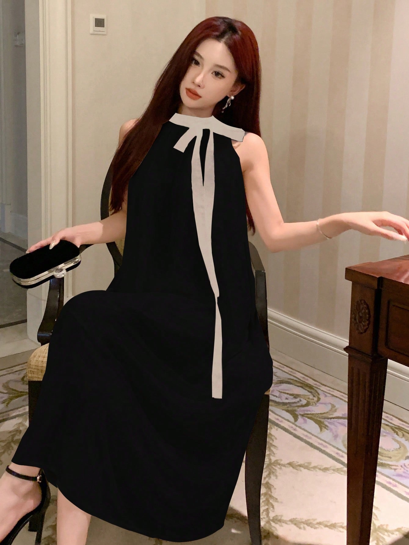CM-DS280696 Women Elegant Seoul Style Colorblock Sleeveless A-Line Midi Dress