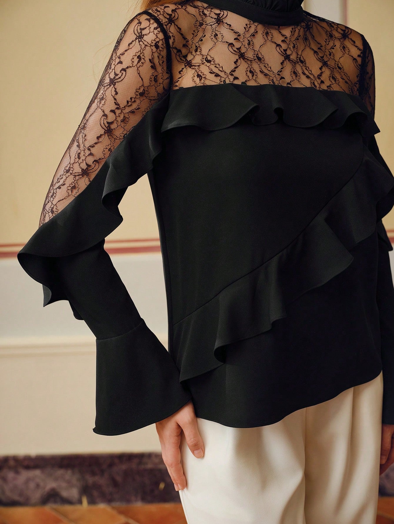CM-TS983687 Women Elegant Seoul Style Frill Mock Neck Lace Yoke Ruffle Trim Long Sleeve Blouse - Black