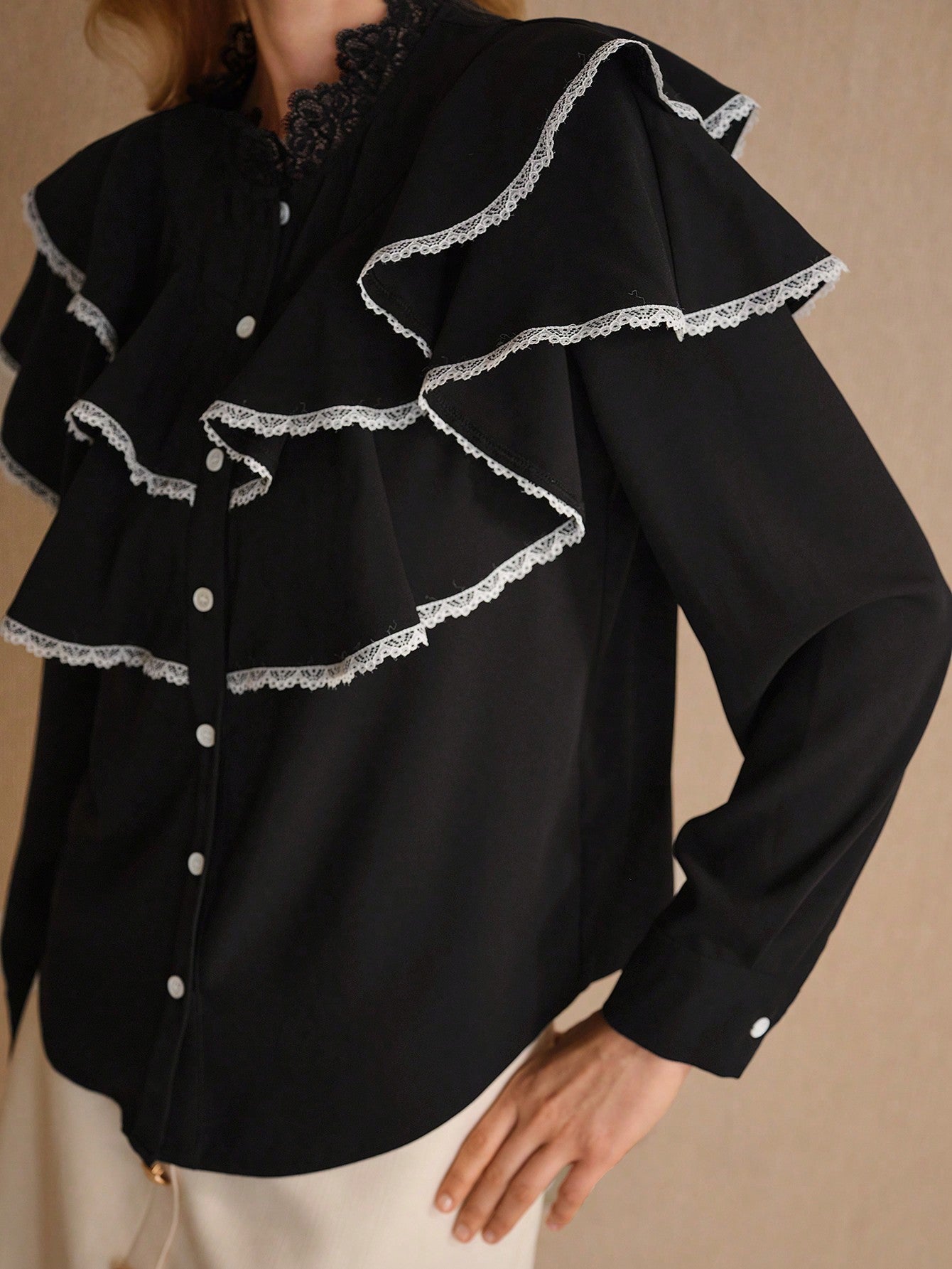 CM-TS288888 Women Elegant Seoul Style Stand Collar Long Sleeve Contast Lace Trim Layered Ruffle Blouse - Black