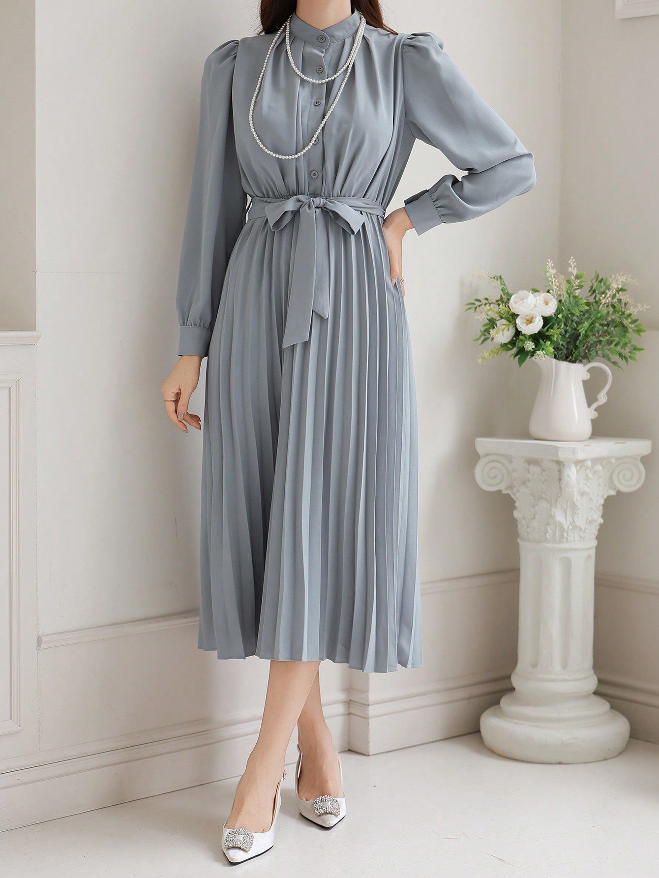 CM-DS738813 Women Elegant Seoul Style Solid Color Pleated Waistband Mid-Length Dress - Blue