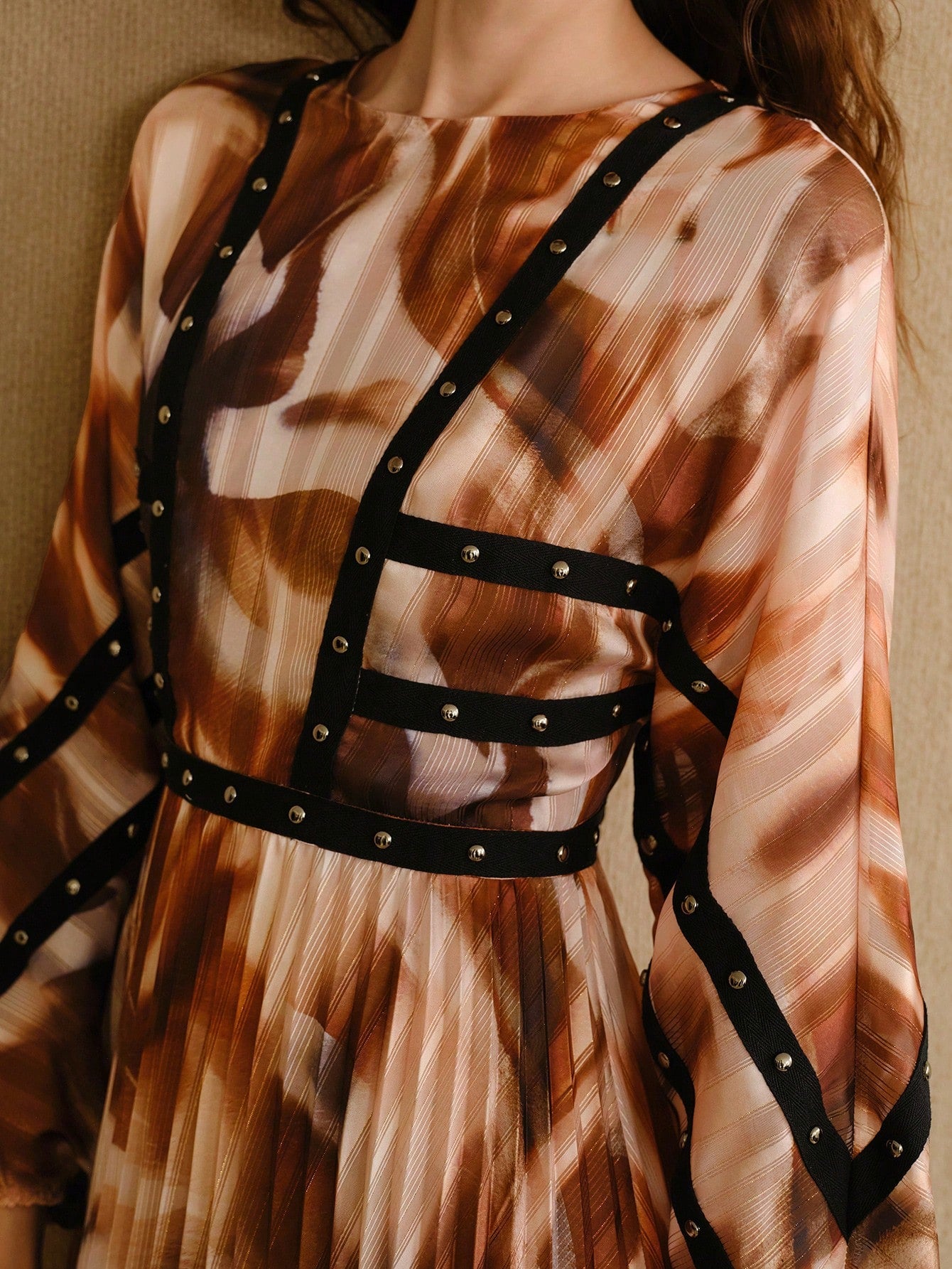 CM-DS138341 Women Elegant Seoul Style Studded Patchwork Bishop Sleeve High Waist Pleated Dress