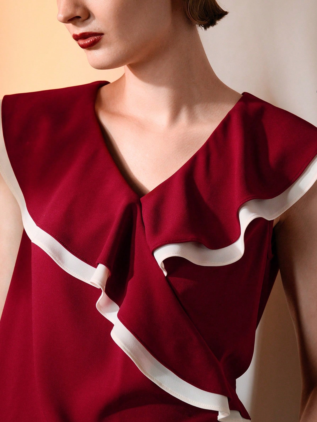 CM-TS679943 Women Elegant Seoul Style V-Neck Flounce Sleeve Contrast Trim Ruffle Blouse - Red