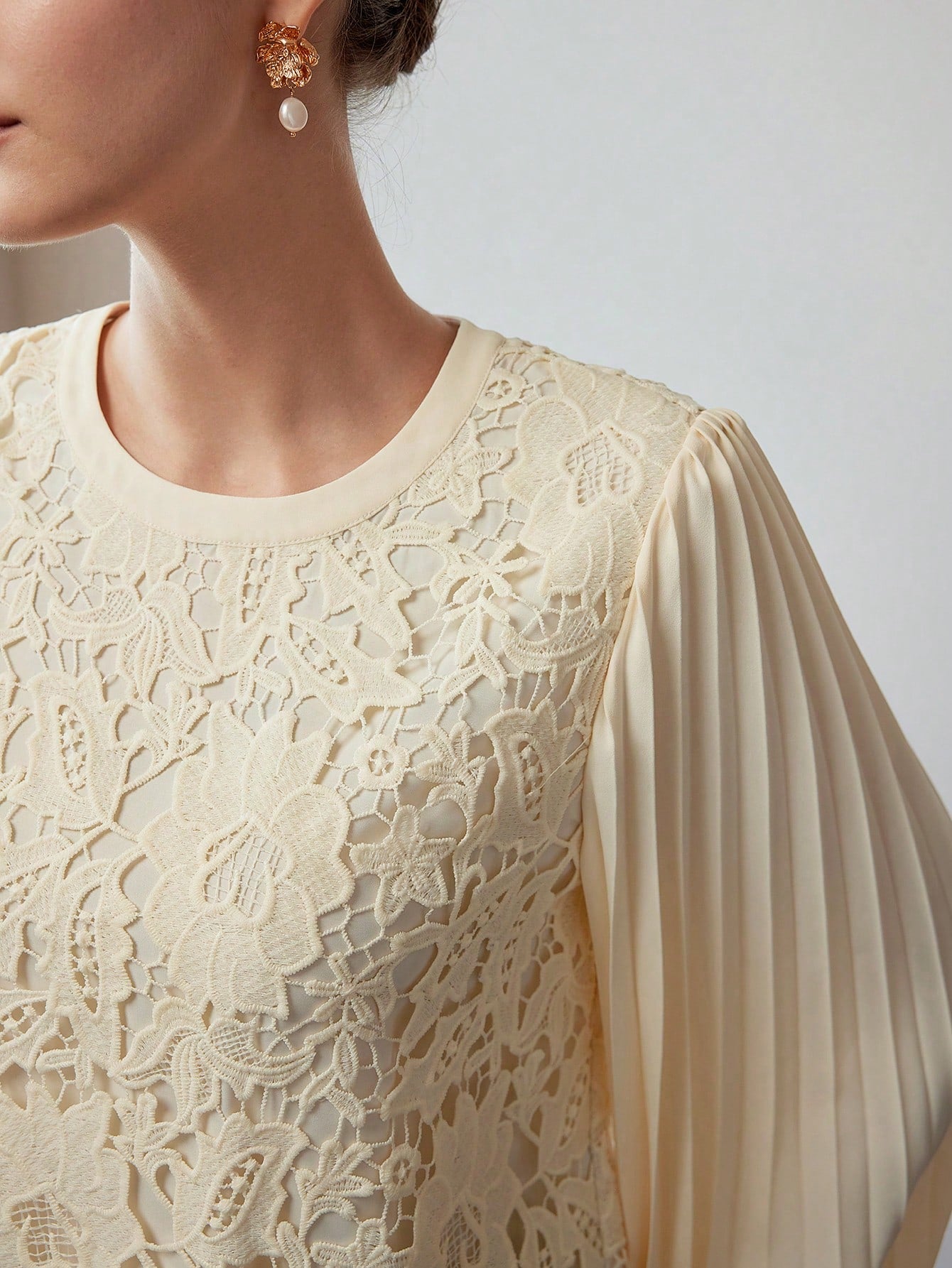 CM-TS555955 Women Elegant Seoul Style Round Neck Lantern Sleeve Guipure Lace Pleated Blouse - Apricot