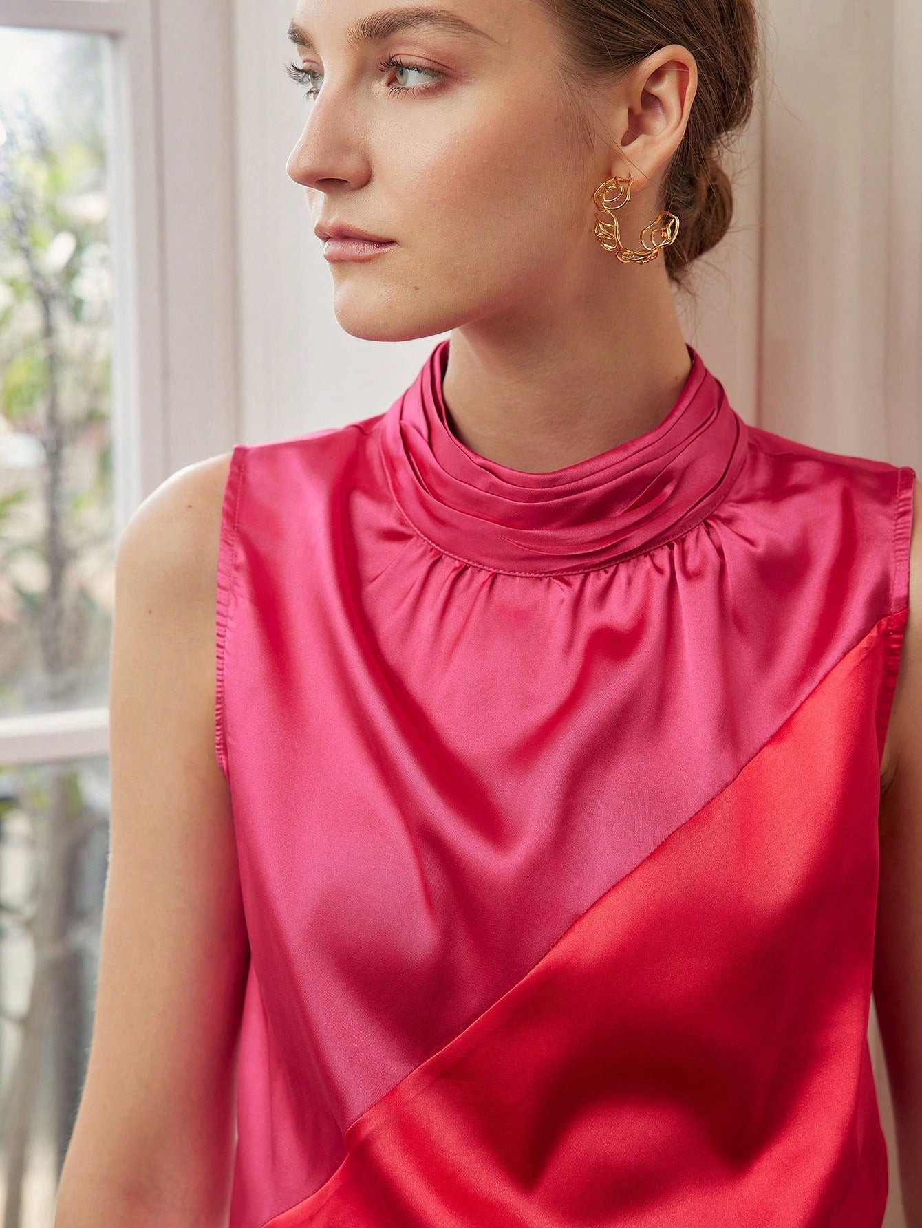 CM-TS297940 Women Elegant Seoul Style Two Tone Ruched Cowl Neckline Sleeveless Blouse - Burgundy