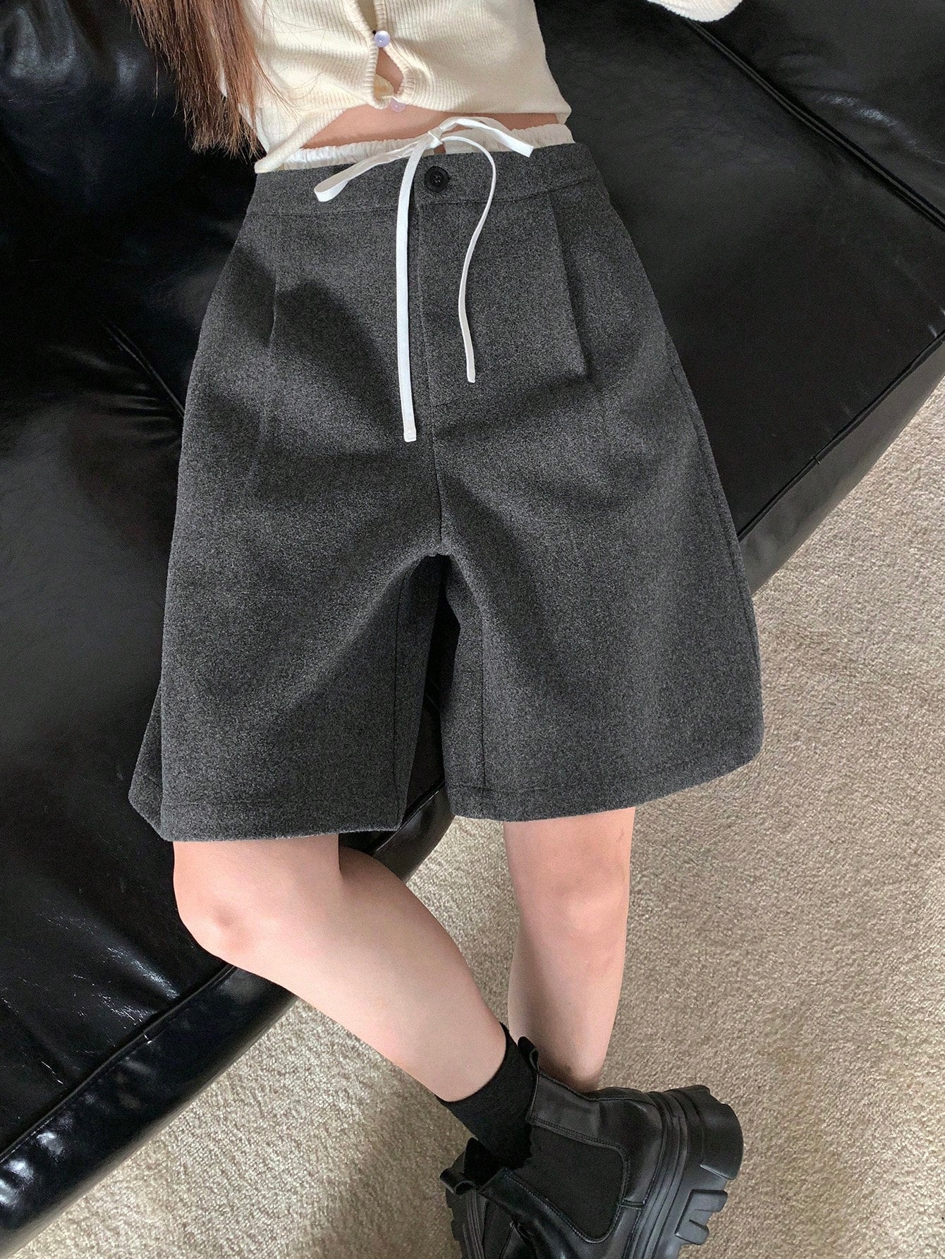CM-BS882809 Women Casual Seoul Style Wool-Blend Drawstring Mock Layer Pocket Shorts - Gray