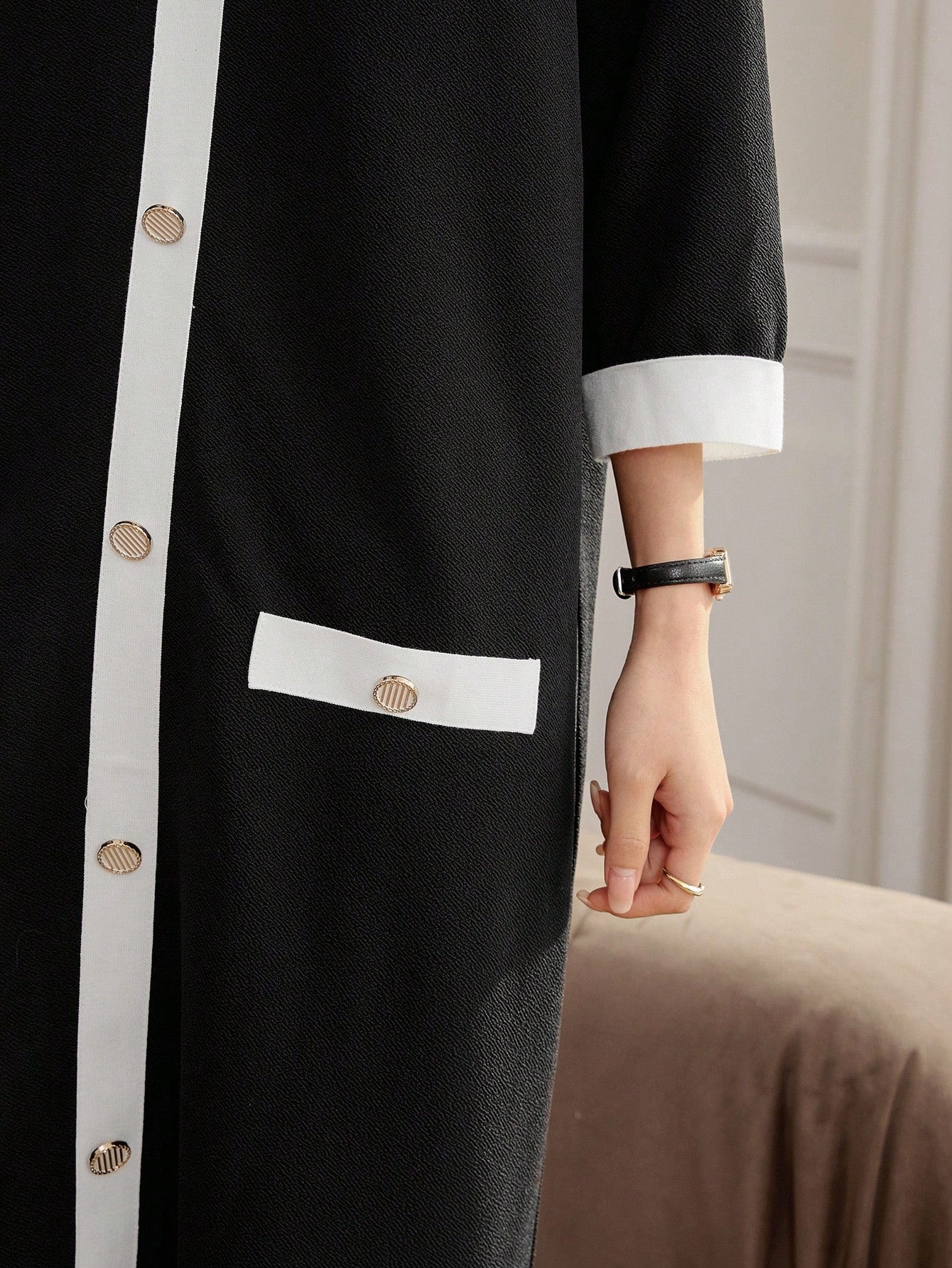 CM-DS190146 Women Casual Seoul Style Colorblock Trim Front Button Loose Straight Dress - Black