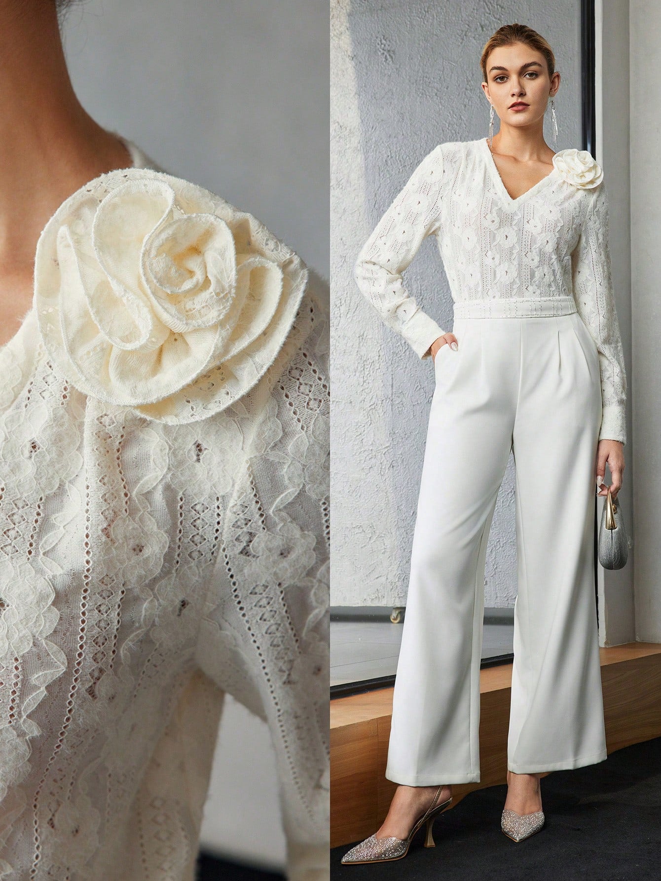 CM-TS753549 Women Elegant Seoul Style V-Neck Stereo Floral Detail Textured Long Sleeve Blouse - Apricot