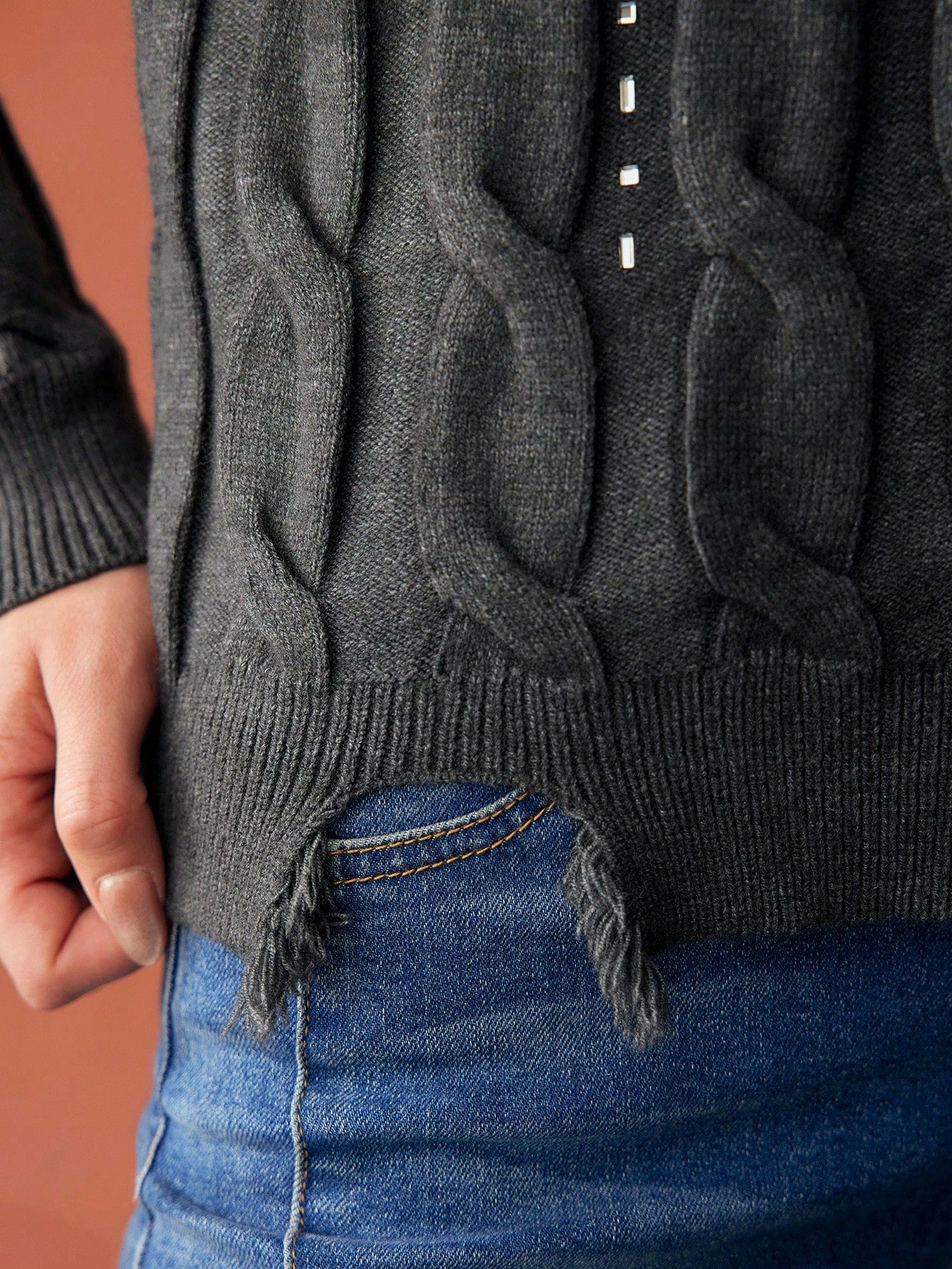 CM-CS800618 Women Elegant Seoul Style Round Neck Long Sleeve Rhinestone Detail Cable Knit Sweater - Gray