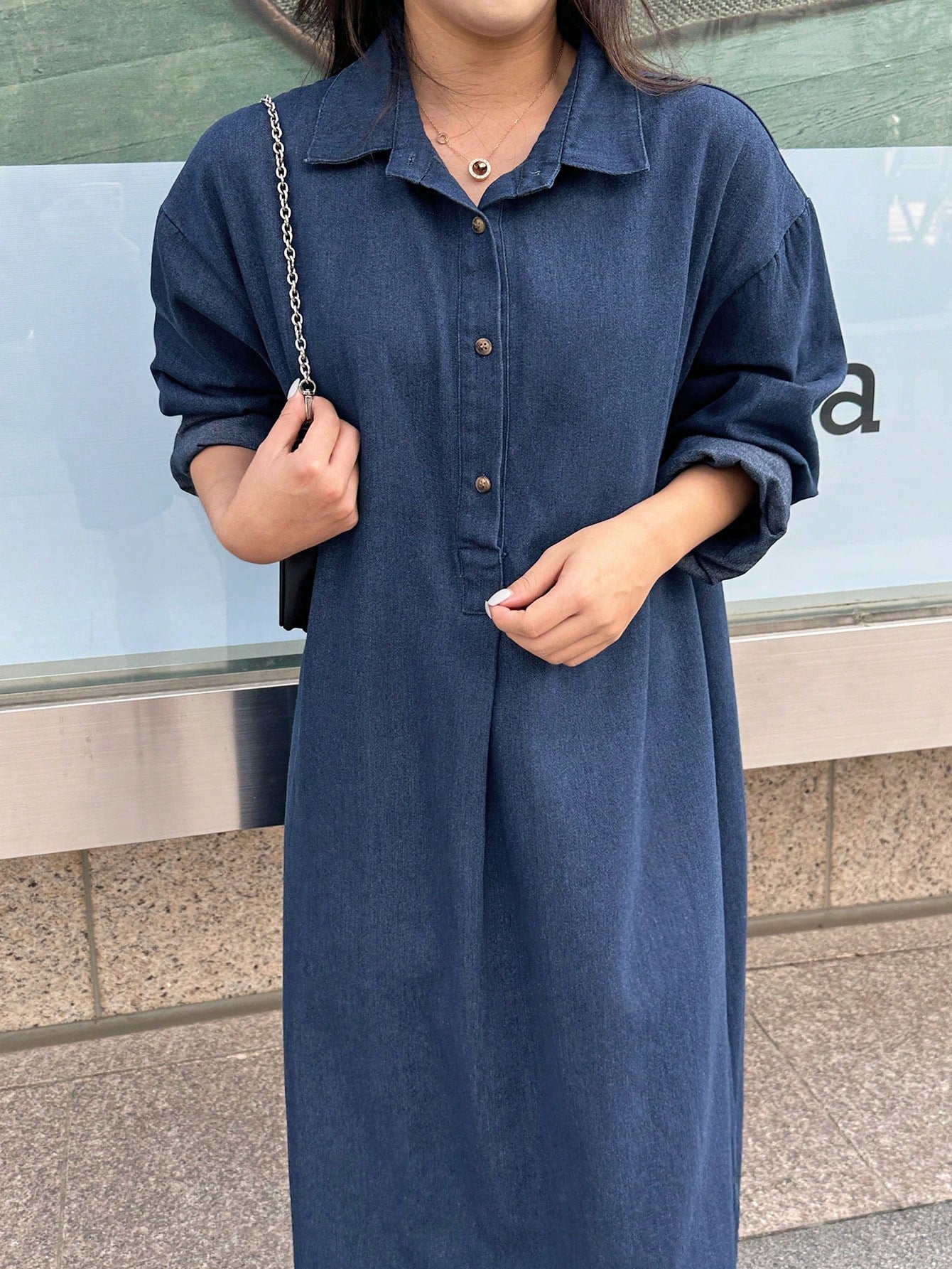 CM-DS296994 Women Casual Seoul Style Dark Wash Collar Neckline Drop Shoulder Loose Long Denim Dress