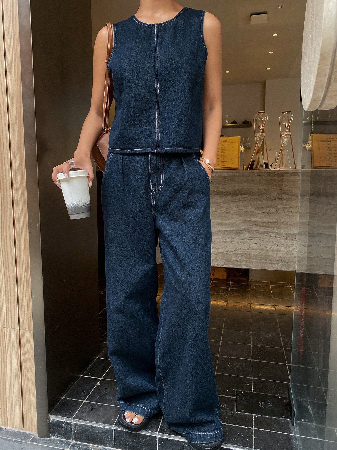 CM-SS110461 Women Casual Seoul Style Round Neck Loose Vest With Loose Pocket Denim Pants - Set