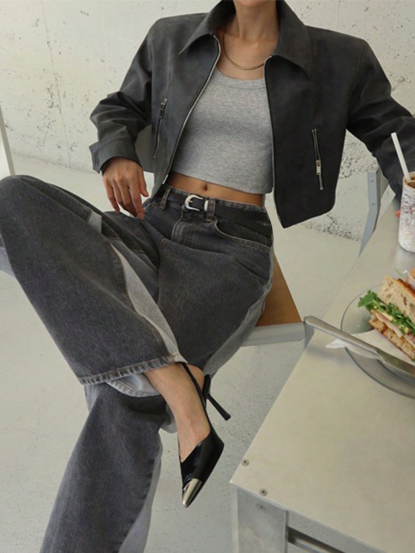 CM-BS900433 Women Casual Seoul Style Contrast Color Splicing Loose Straight Leg Jeans - Dark Gray