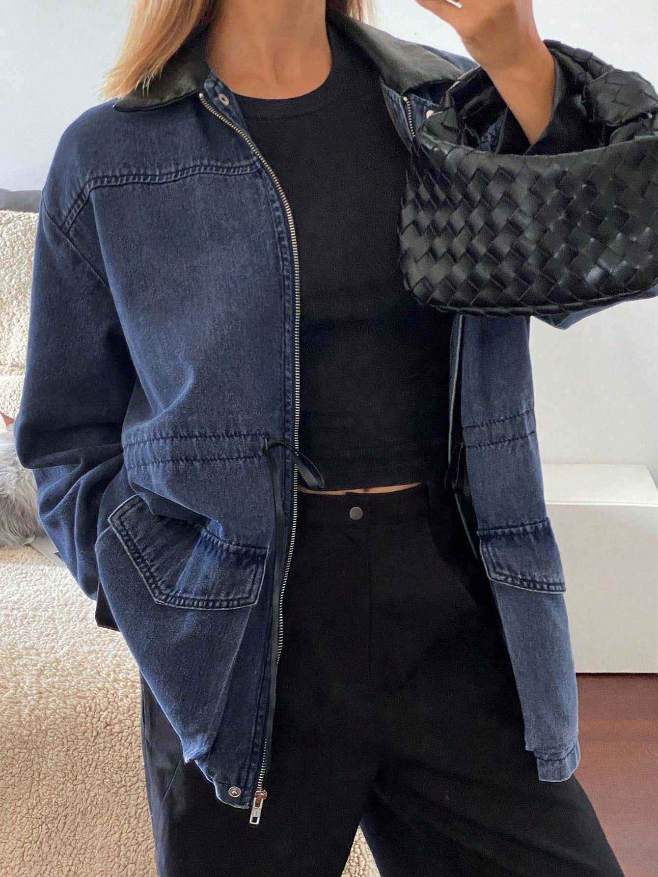 CM-CS960983 Women Casual Seoul Style Patchwork PU Loose Long Sleeve Drawstring Zipper Denim Jacket