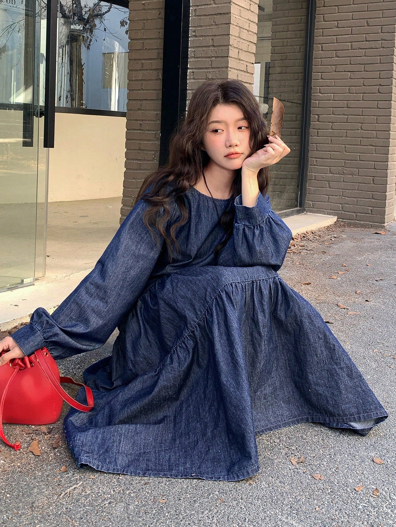 CM-DS258817 Women Casual Seoul Style Medium Wash Round Neck Long Sleeve Drop Waist Denim Dress