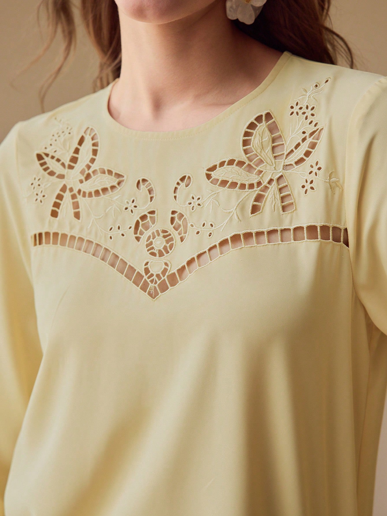 CM-TS495155 Women Elegant Seoul Style Embroidery Detail Scoop Neck Lantern Sleeve Blouse - Yellow