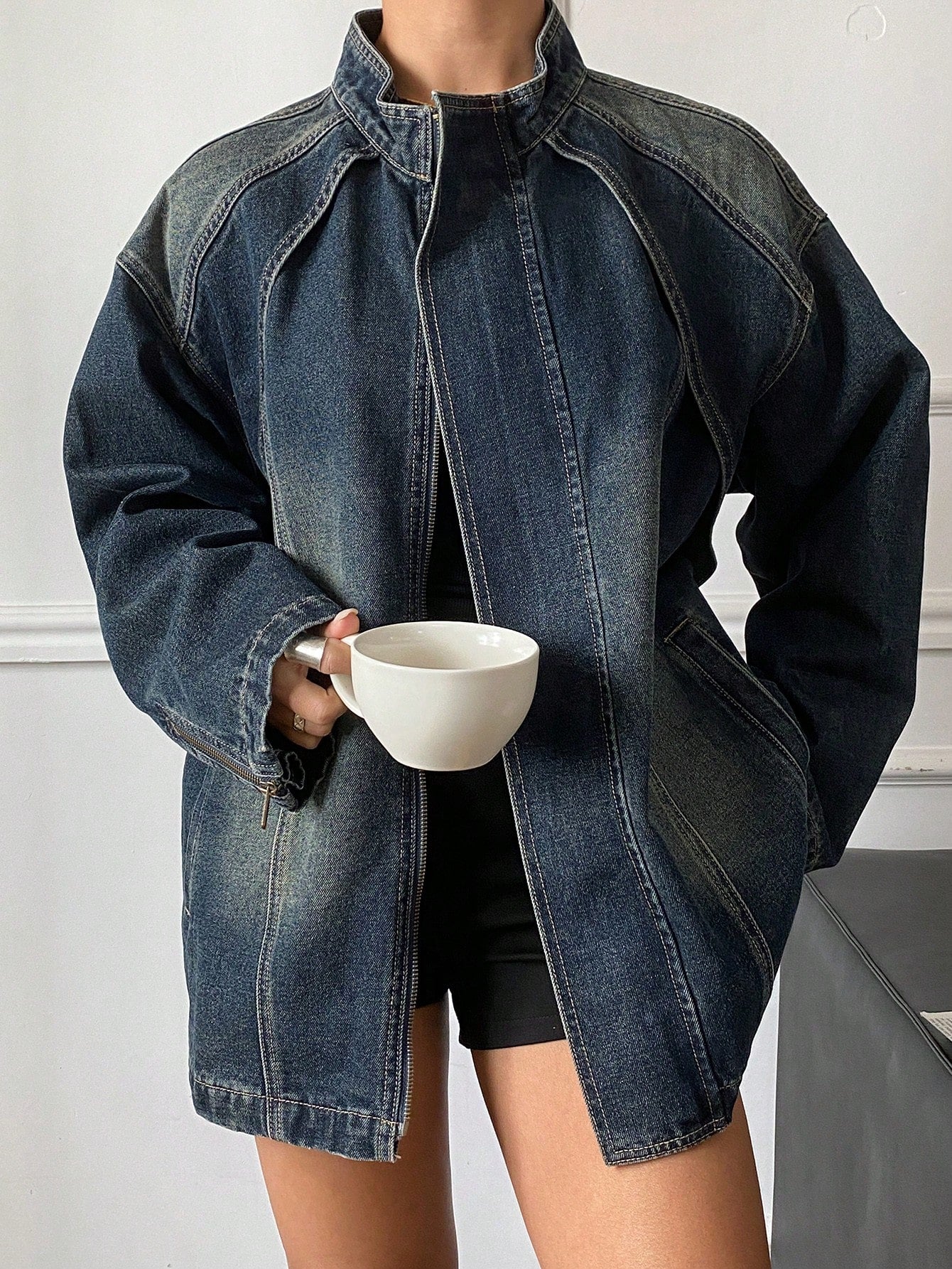 CM-CS024989 Women Casual Seoul Style Relaxed Fit Split Stand Collar Long Sleeve Denim Jacket - Blue
