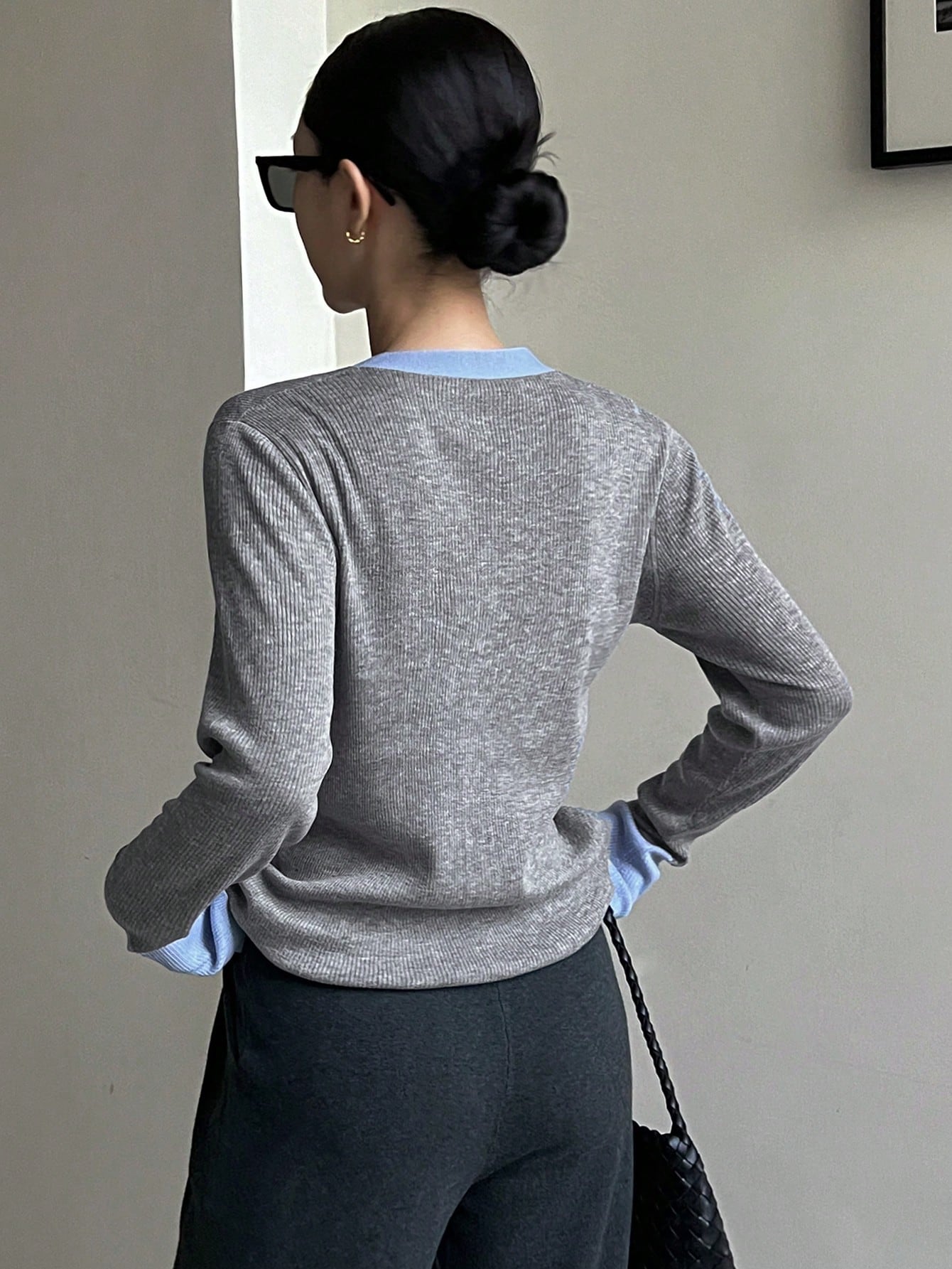 CM-CS444459 Women Casual Seoul Style Color-Block Trim Button-Up V-Neck Cardigan Sweater - Gray